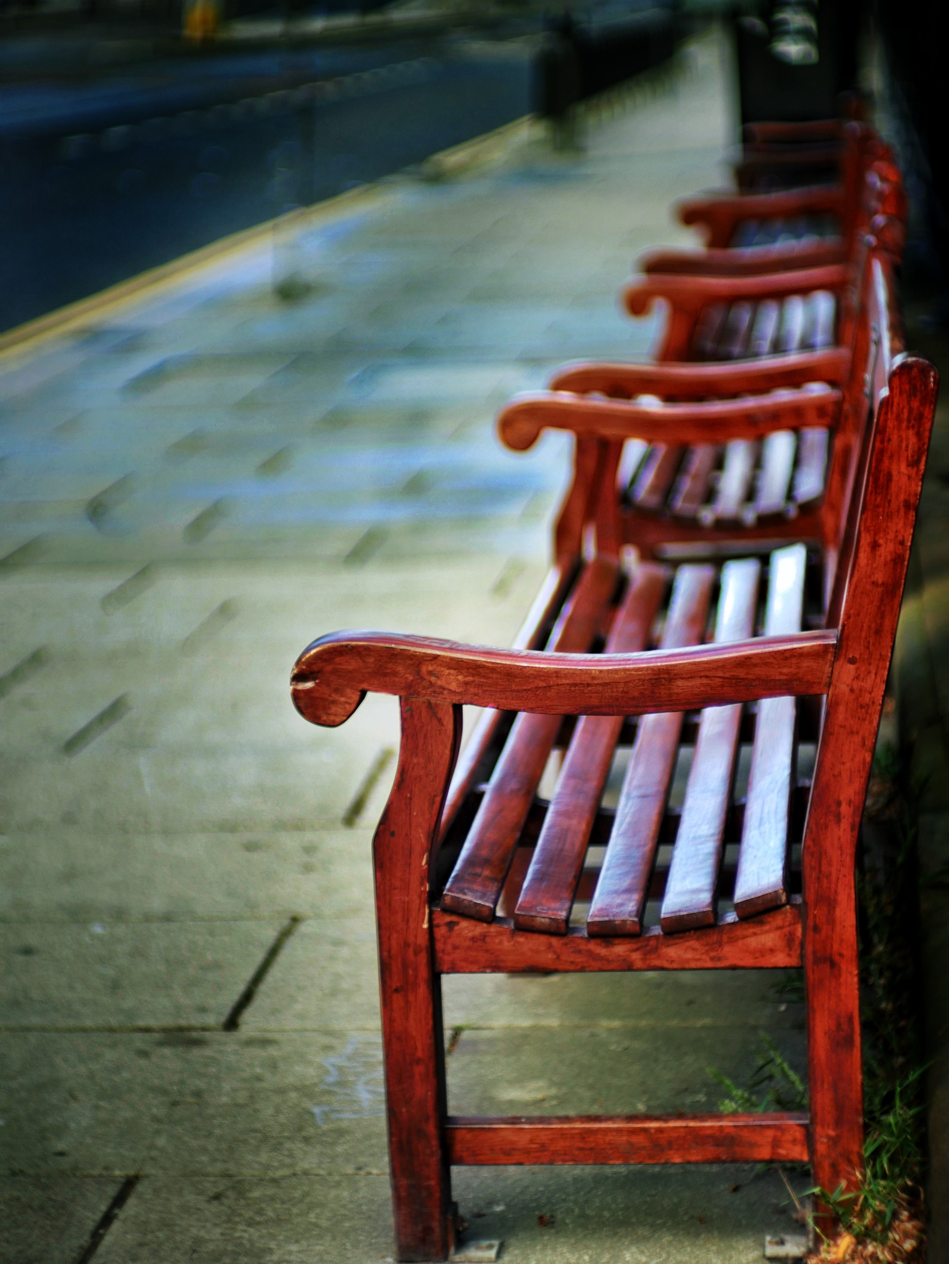 Empty benches beside walkway
