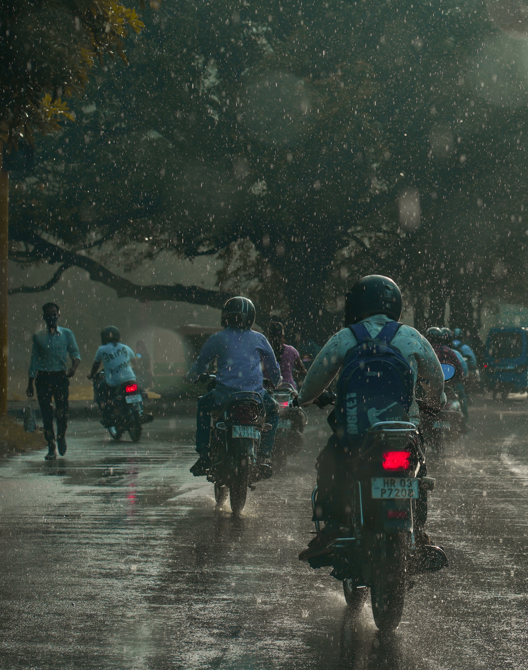 Motorcycles on road during rain