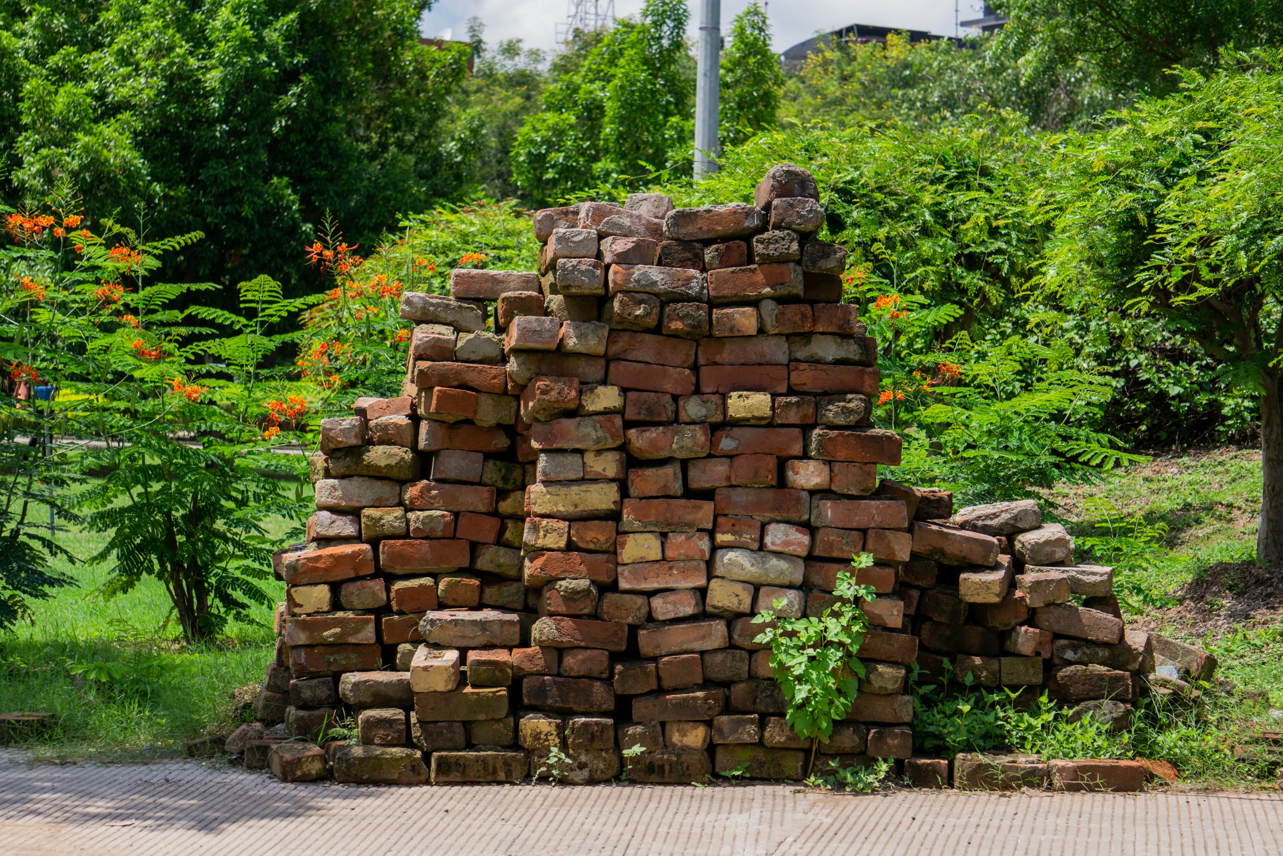 pile of bricks in a park