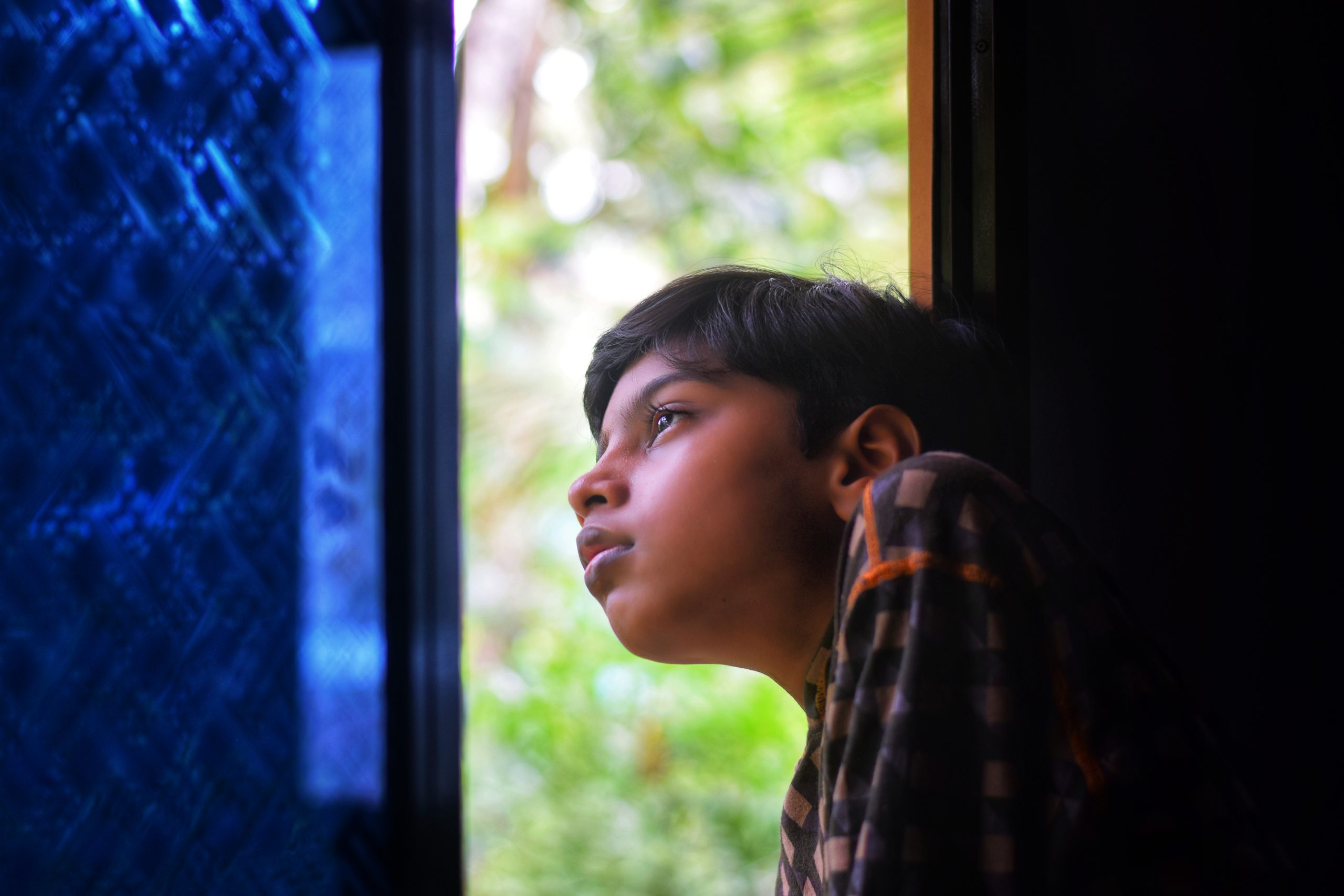 A boy looking through a window