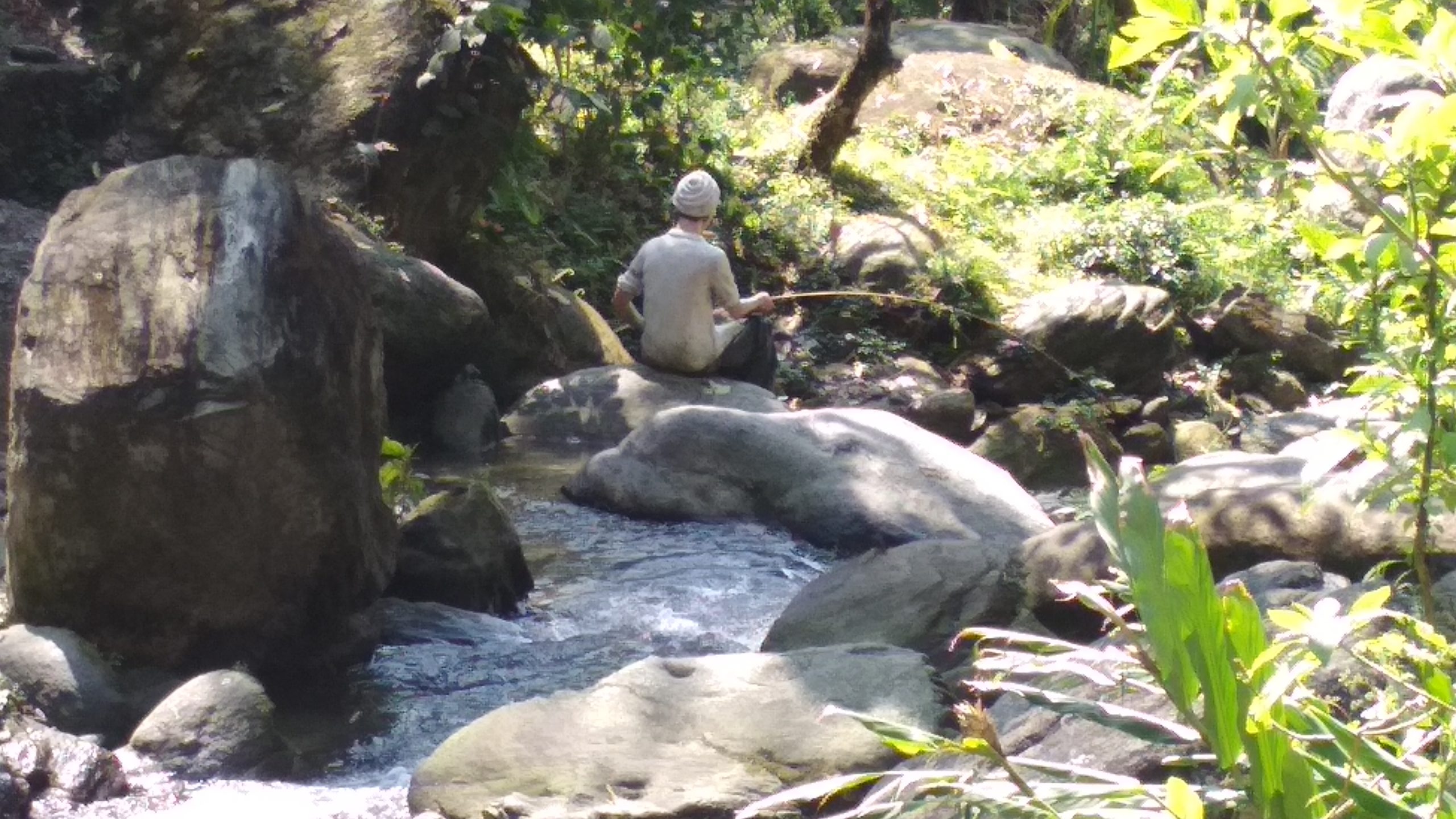 A man fishing in a creek