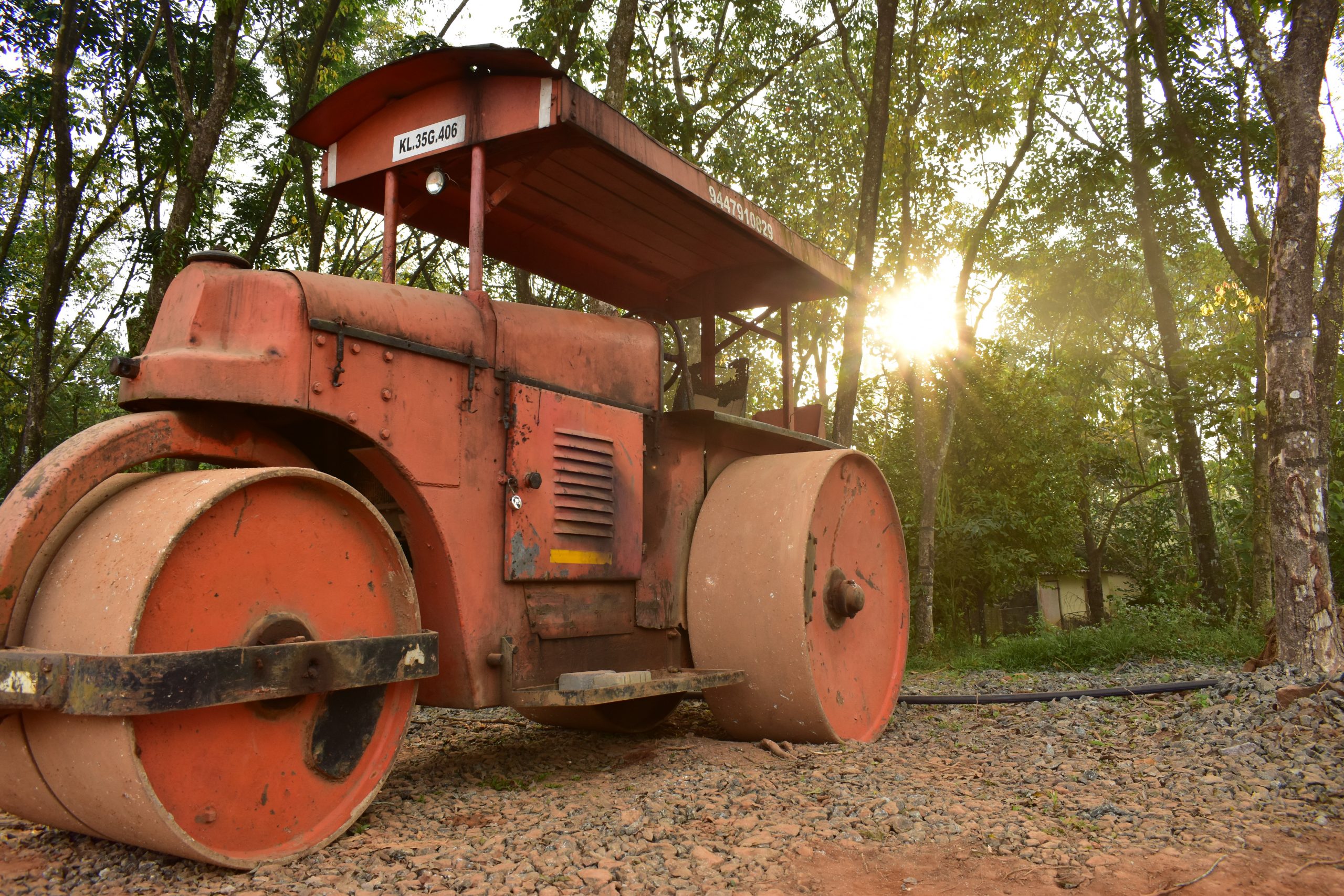 A road roller in a forest