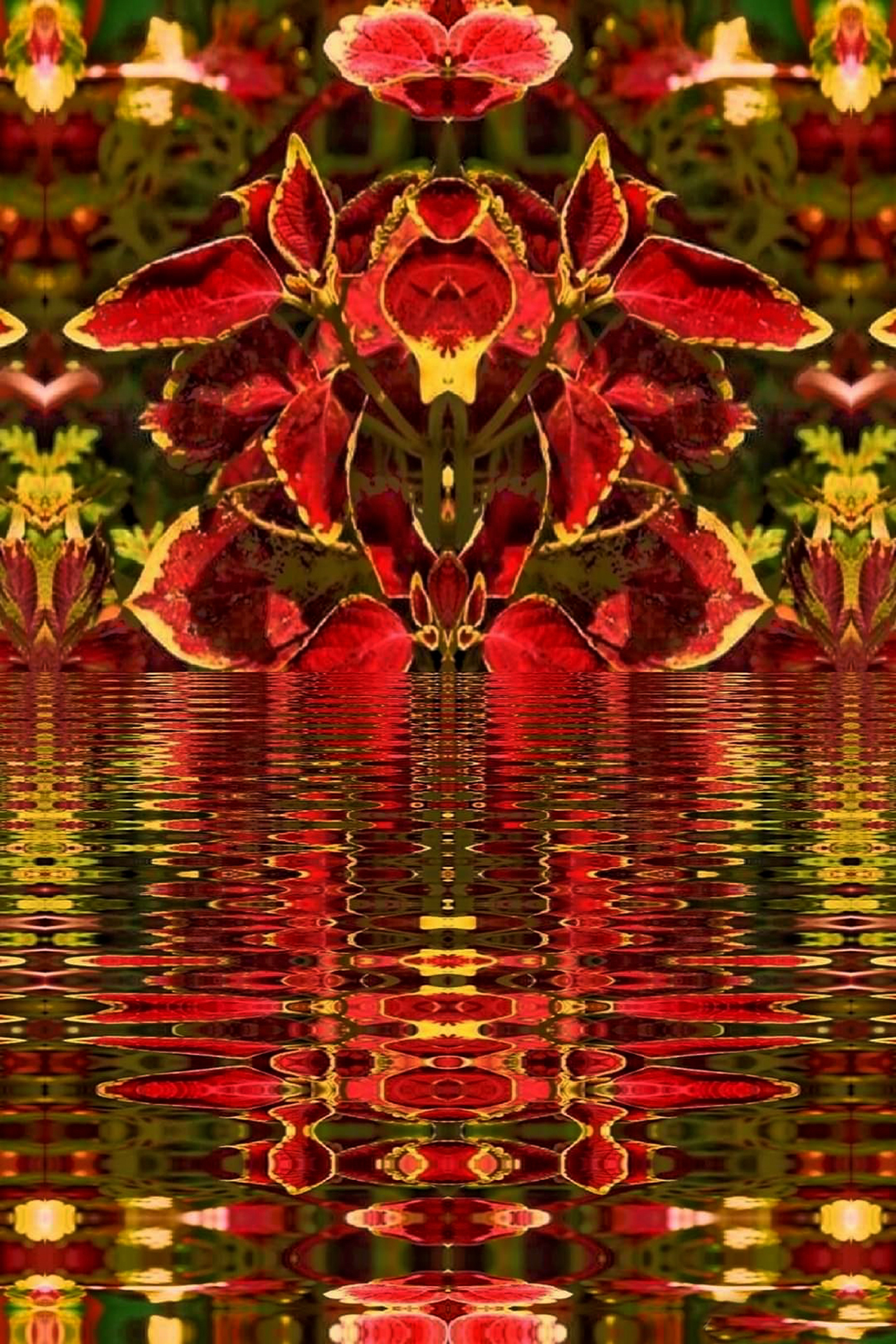 Abstract image of colorful leaves reflected in water