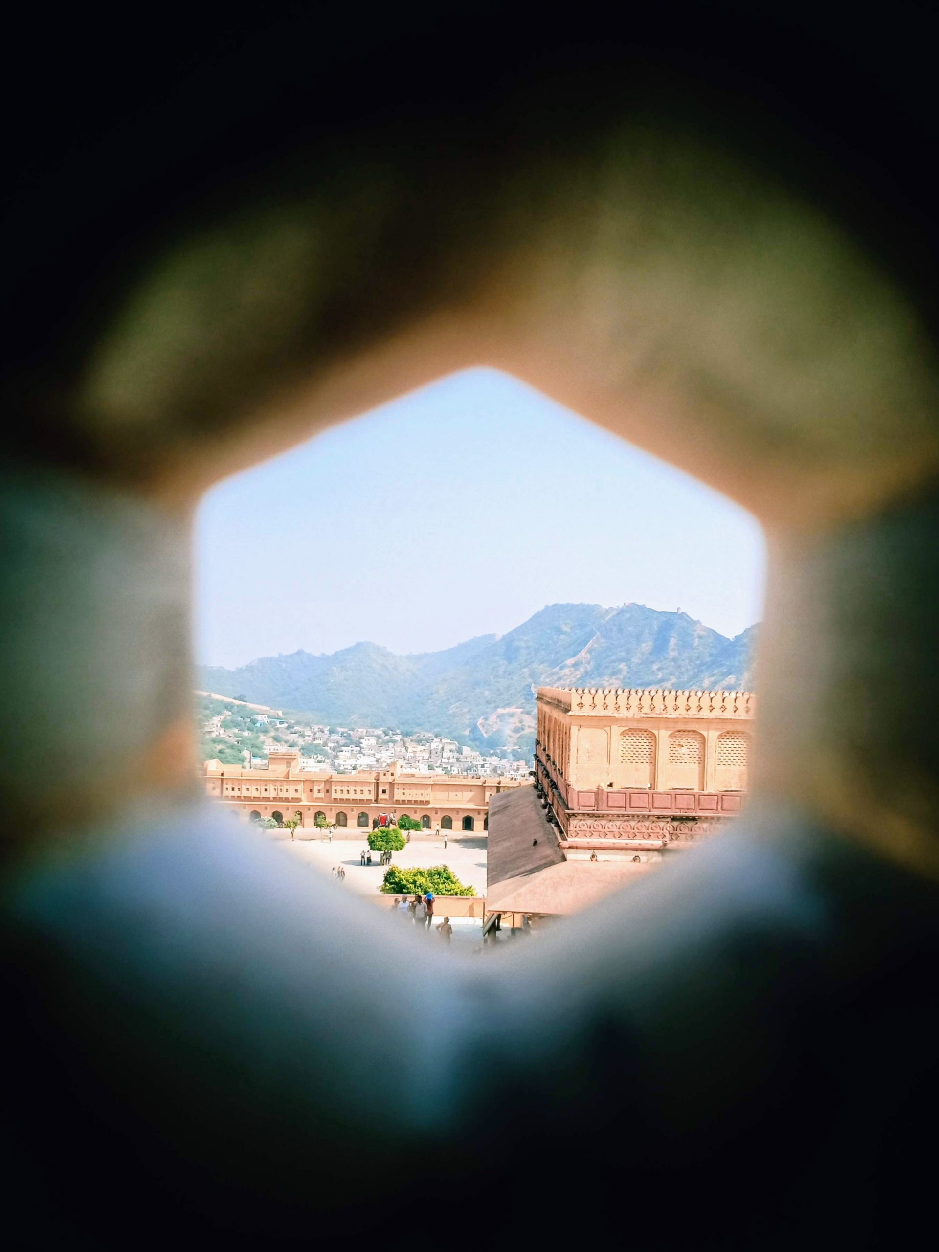 a Fort view through window in Rajasthan