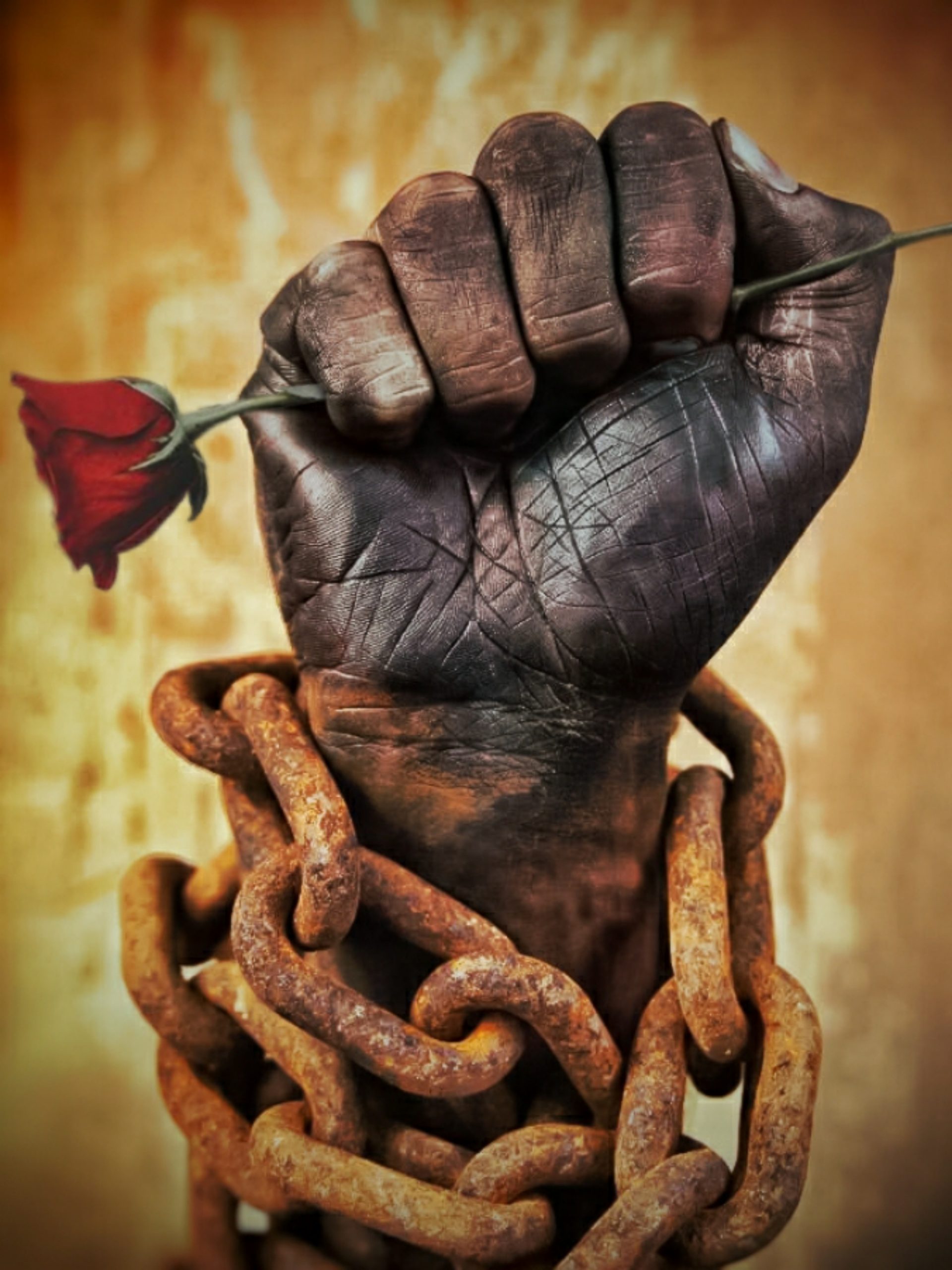 Chained hand with a rose