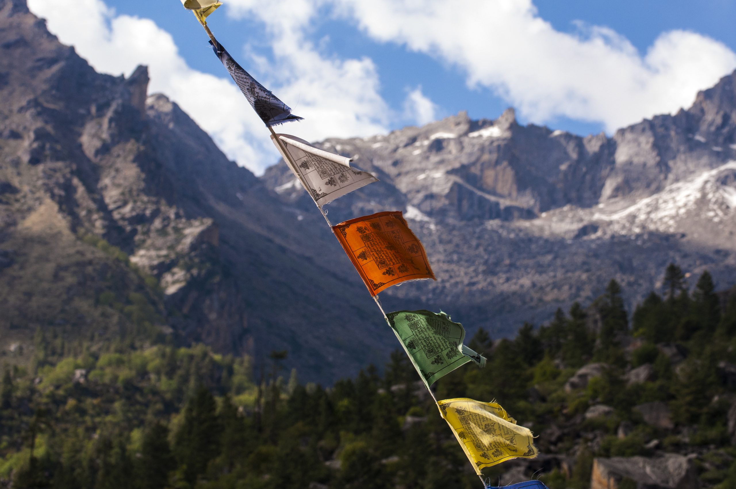Colorful Tibetan prayer flags in the Himalaya mountains