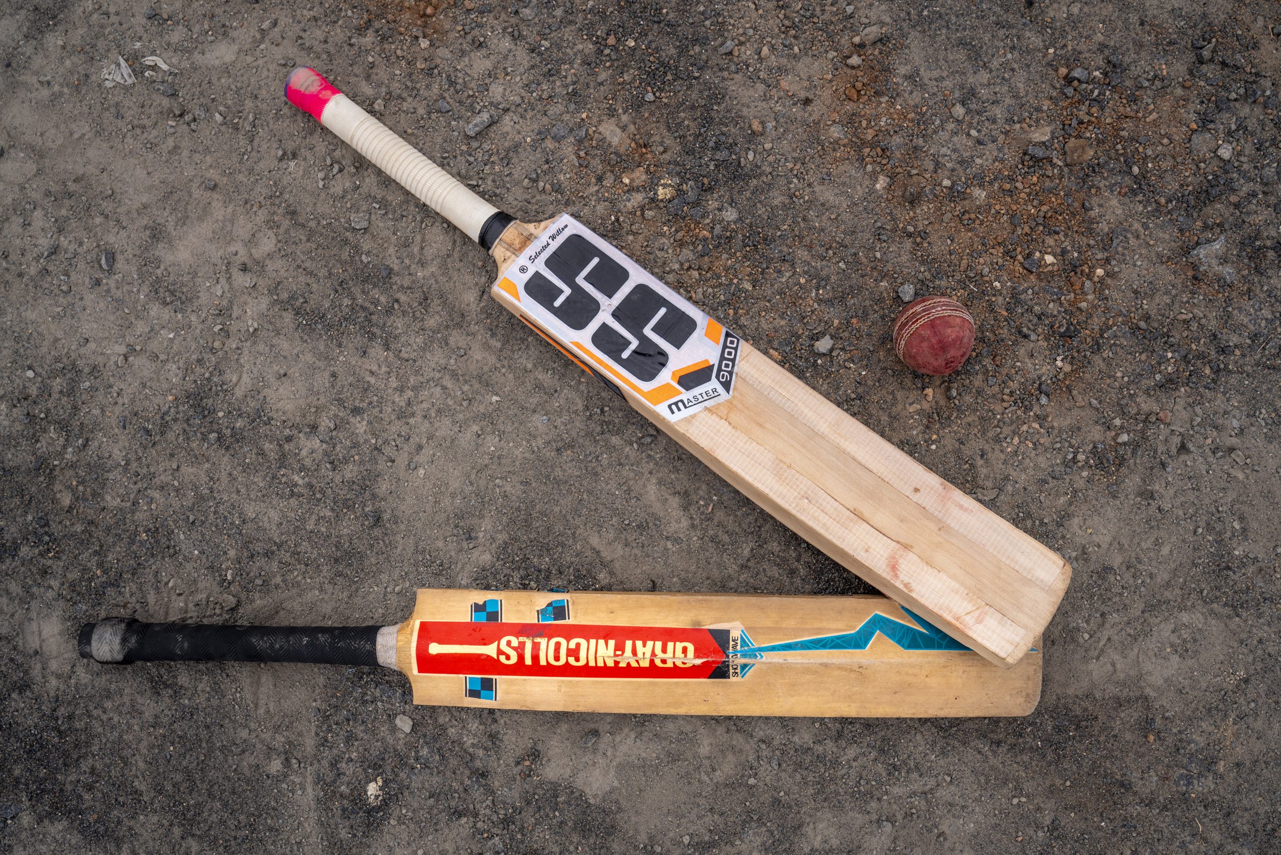 Cricket Bats and Ball Flat lay on the Ground