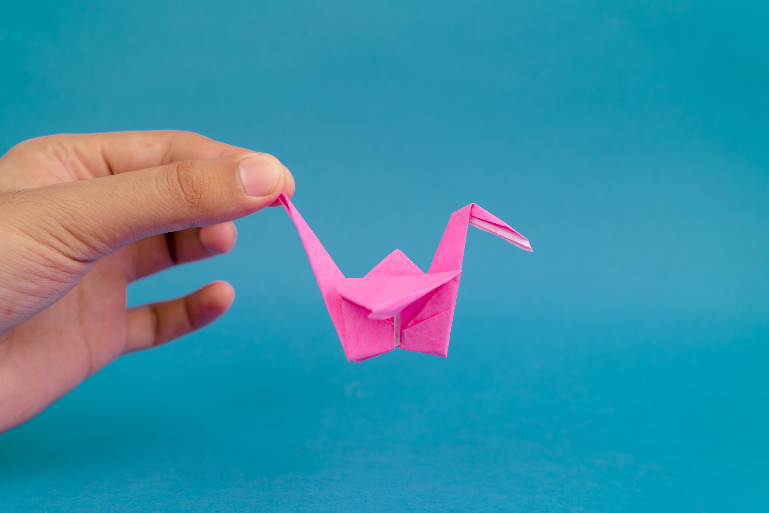 Hand holding pink crane origami