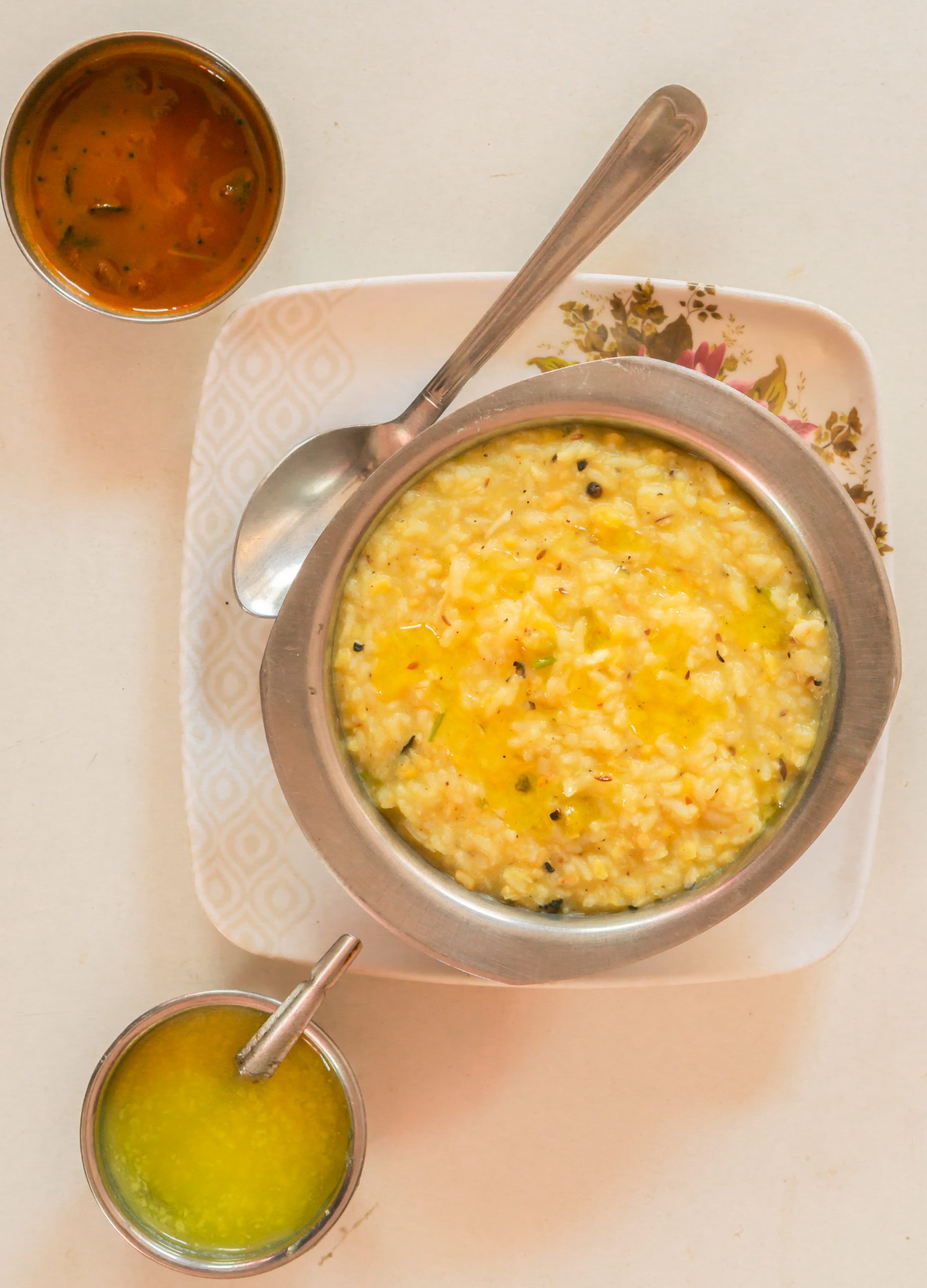 South Indian breakfast Pongal with ghee and chutney