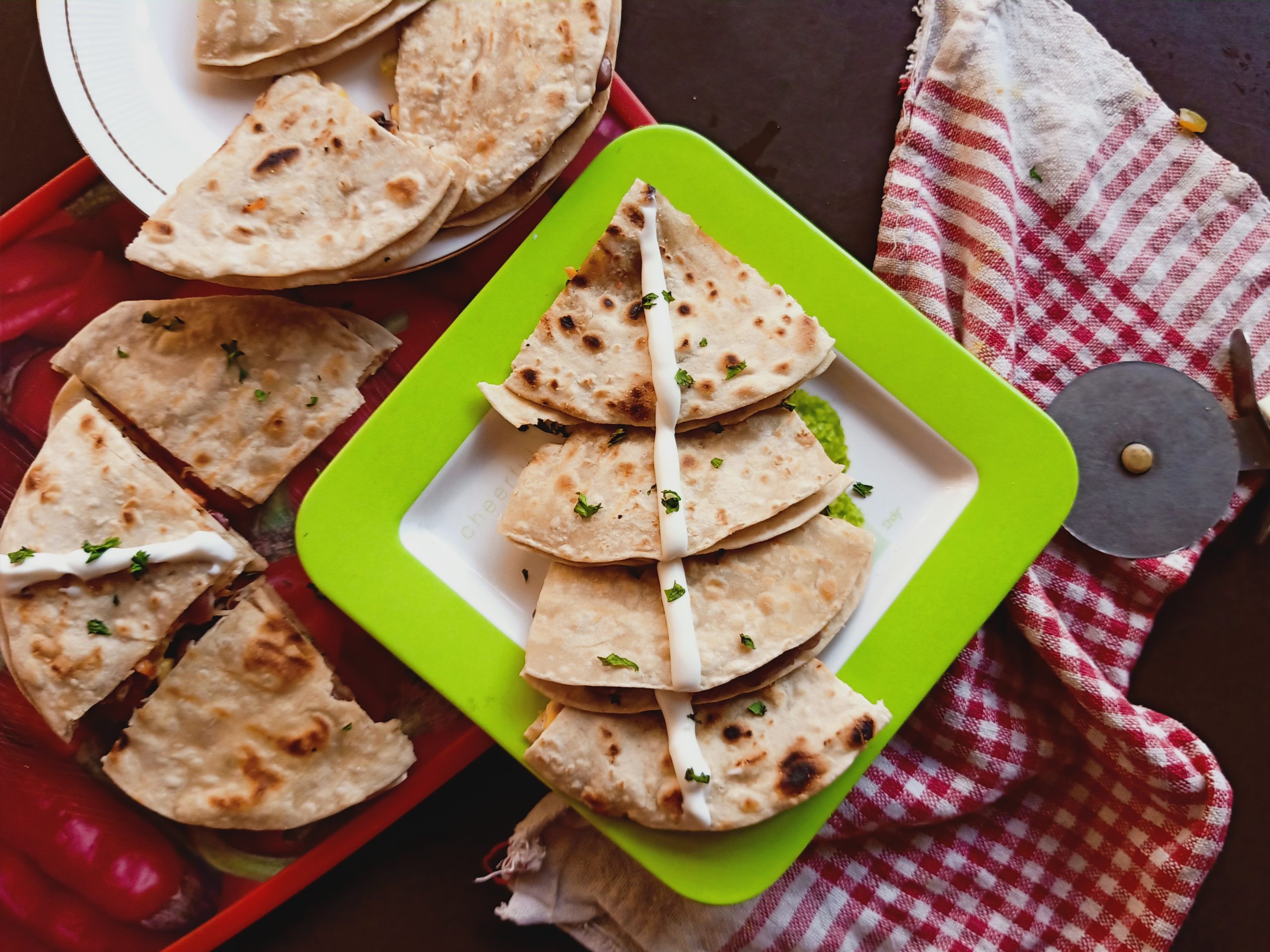 Top view of quesadillas on plate