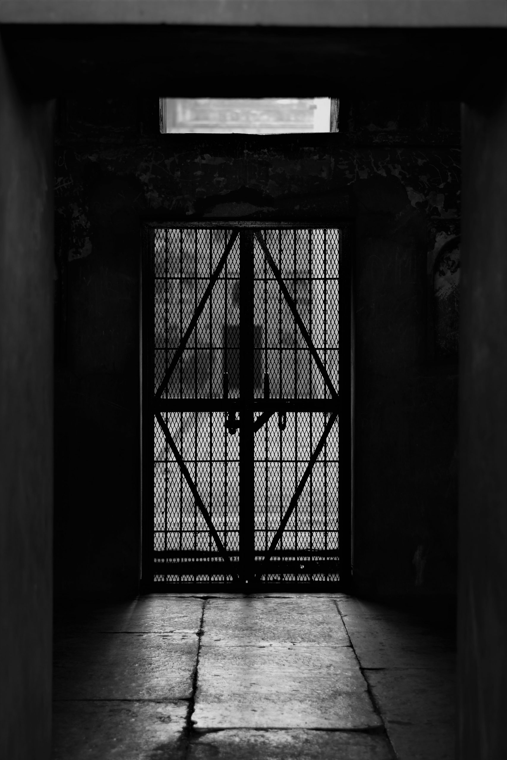 Black and white shot of a closed door.
