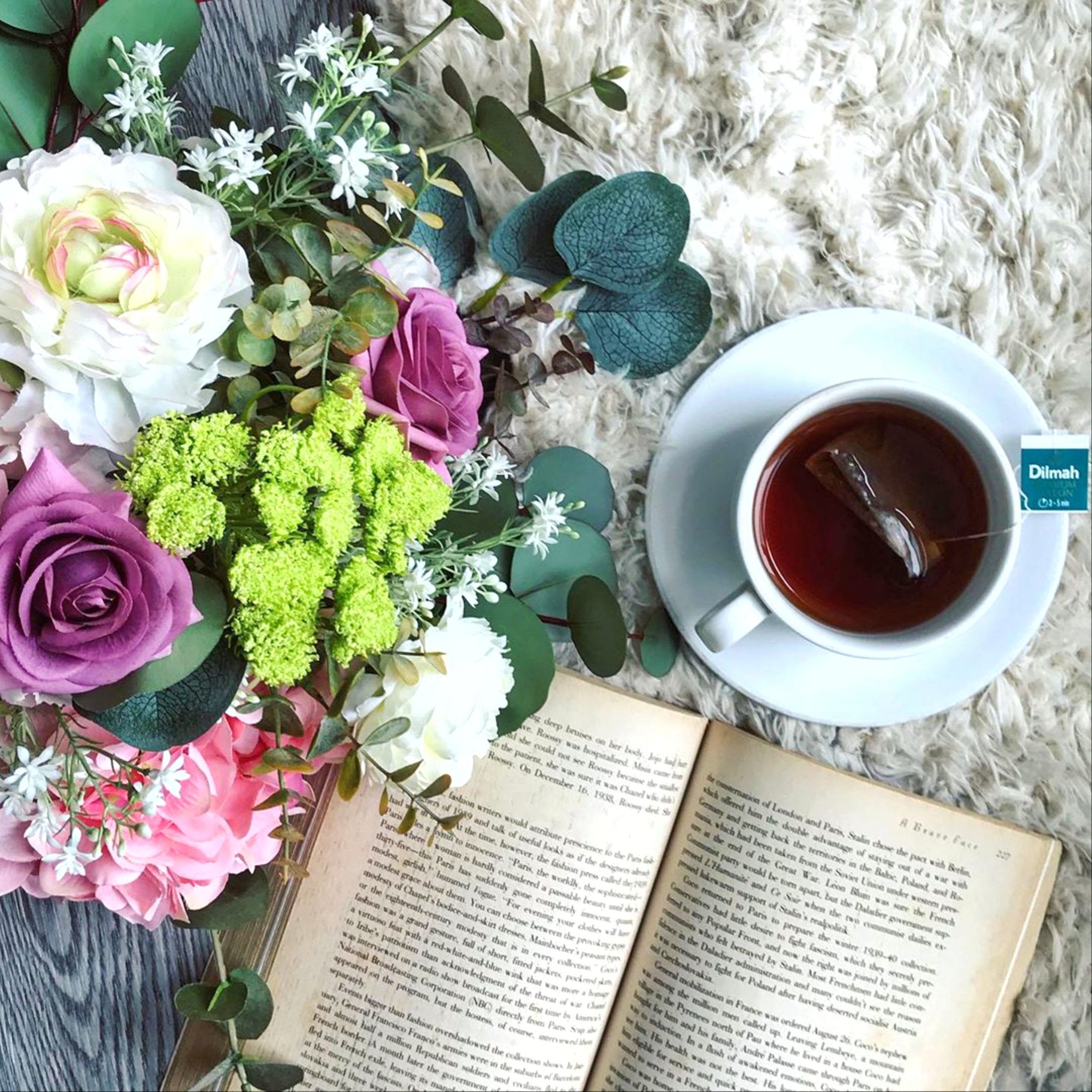 book, coffee and flowers