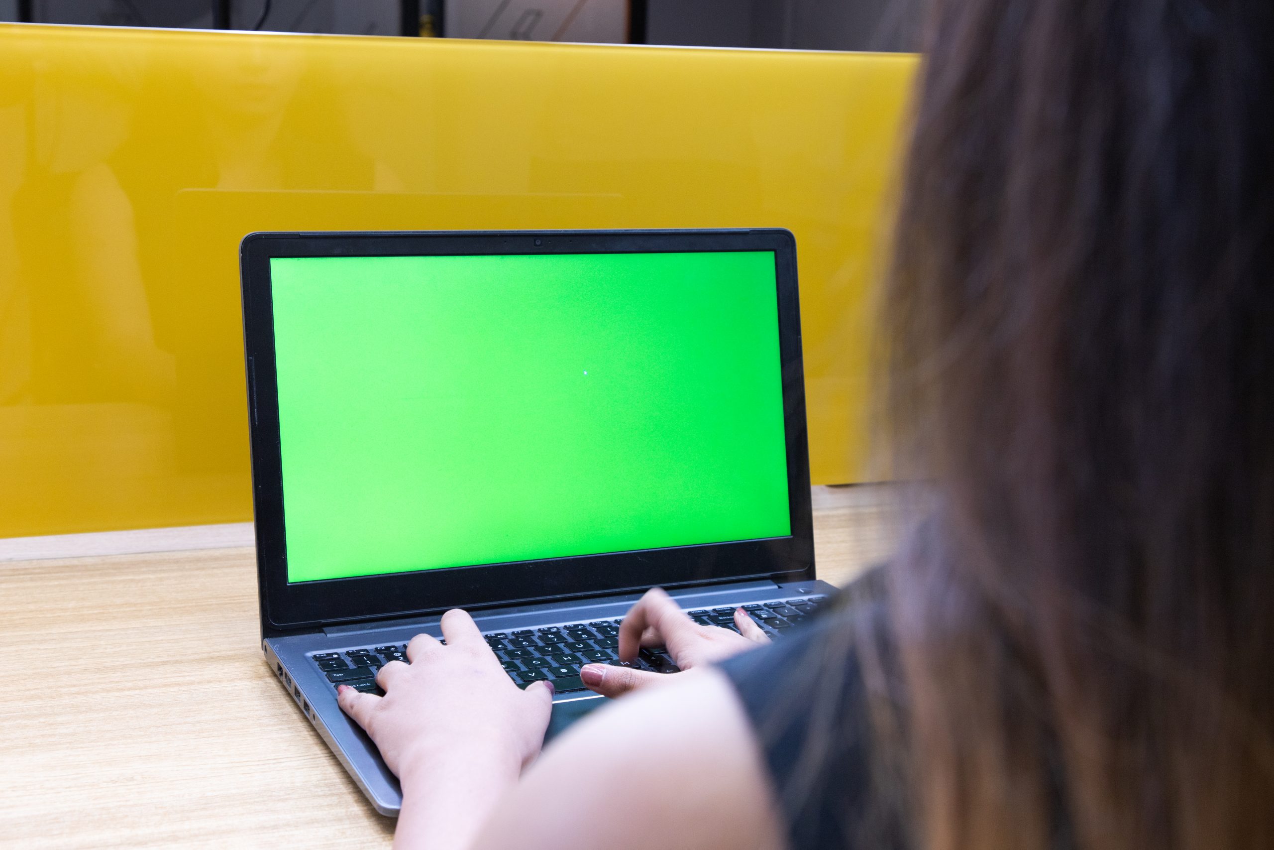 Girl using laptop with green screen