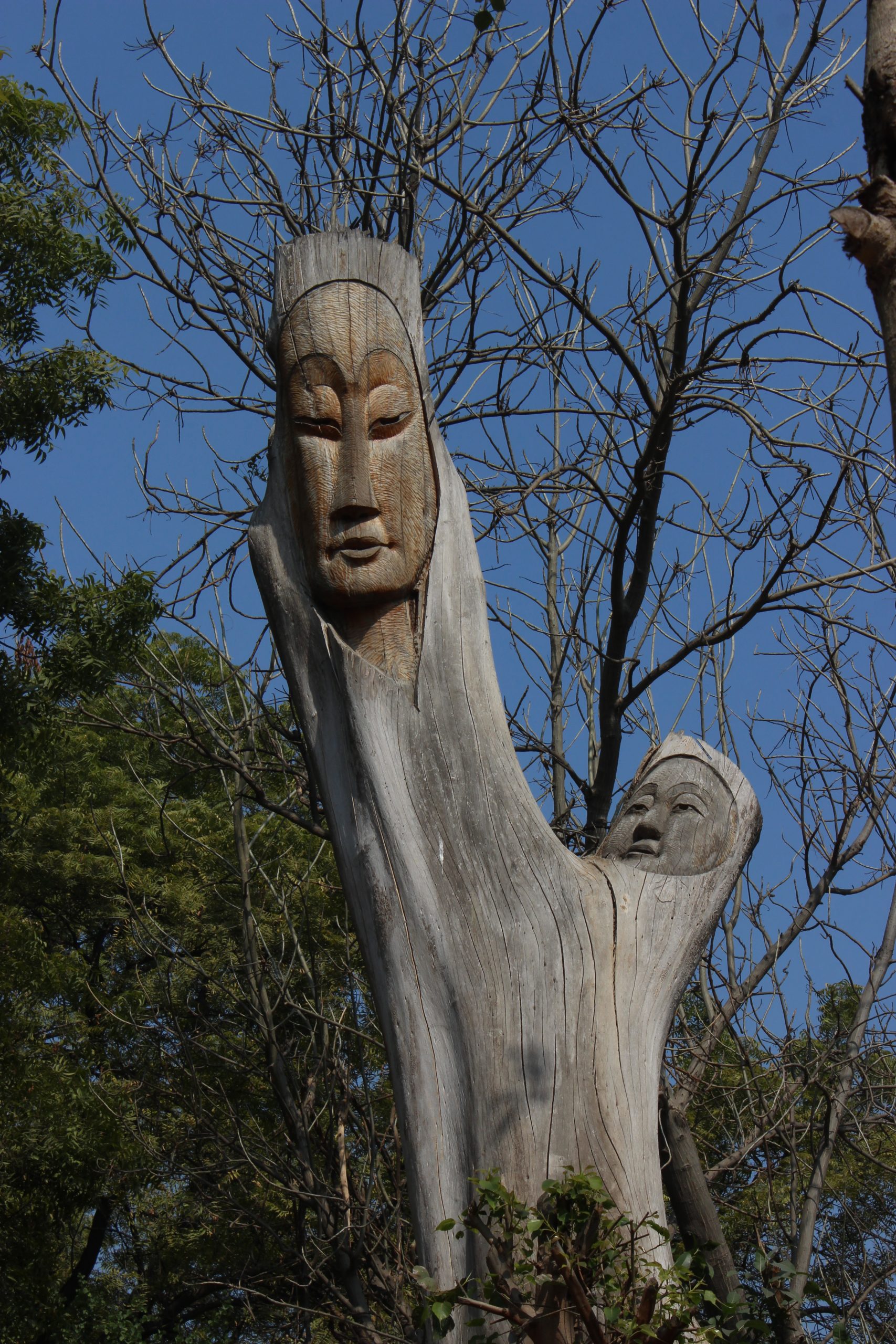 Human faces on wood