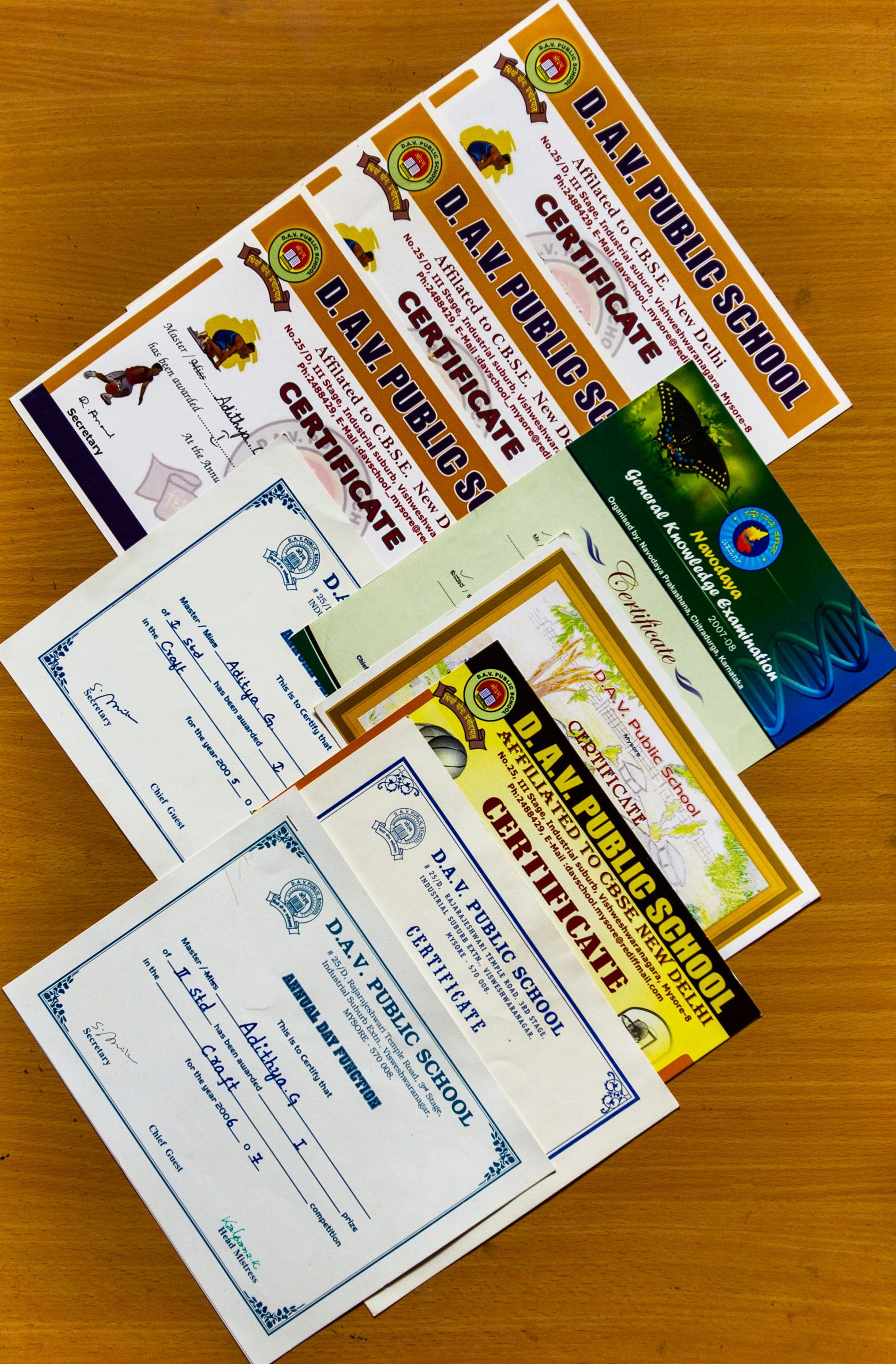 School certificates of a student
