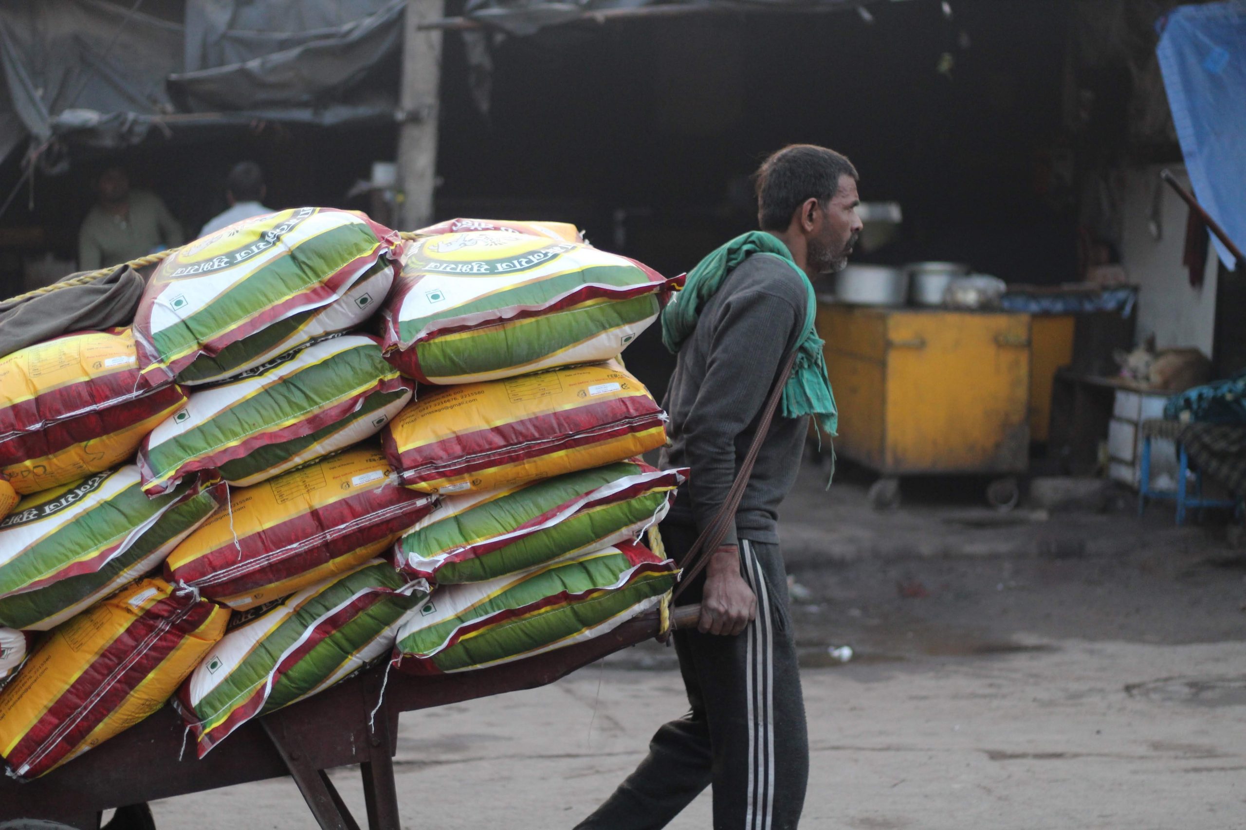 man carrying sacs on a cart