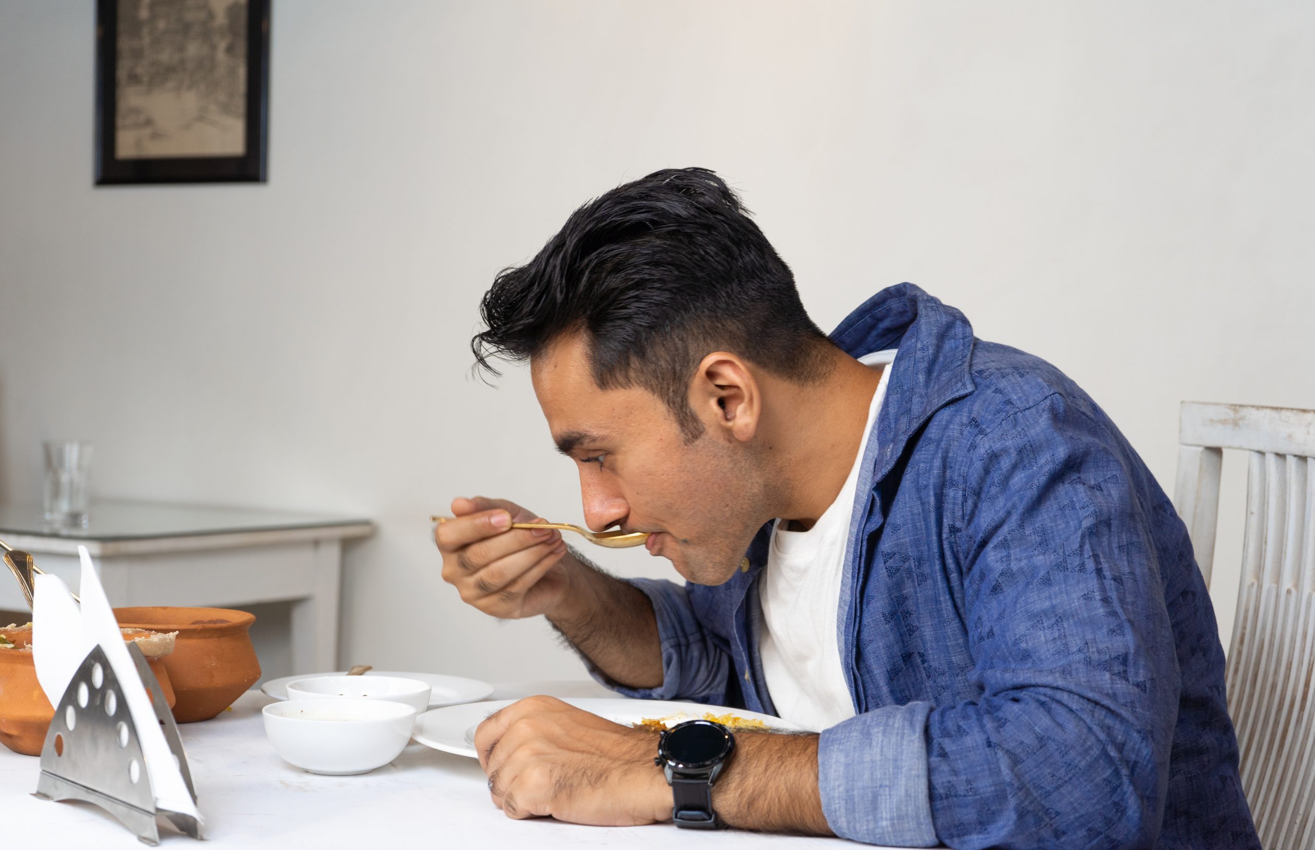 man eating food