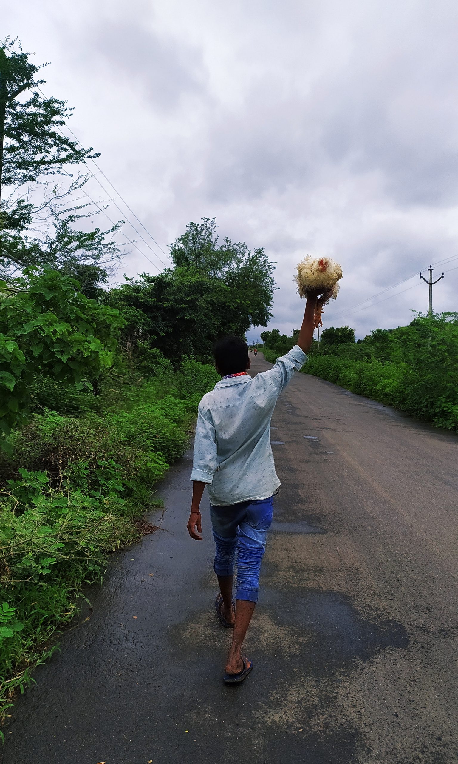 A man walking with hen