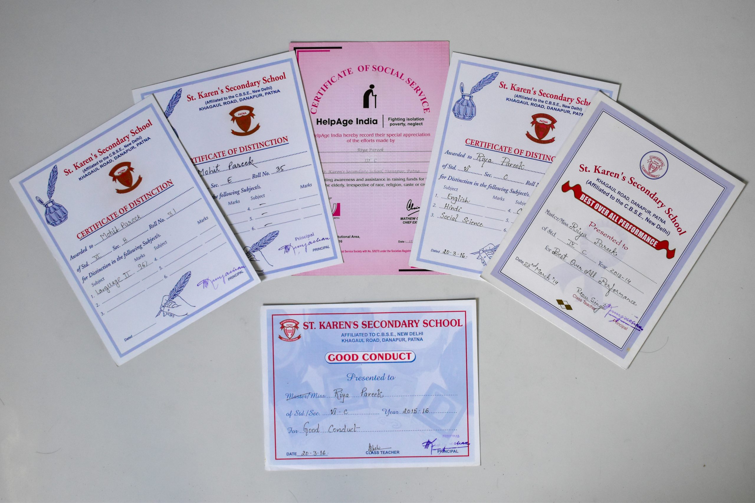 School certificates of a person