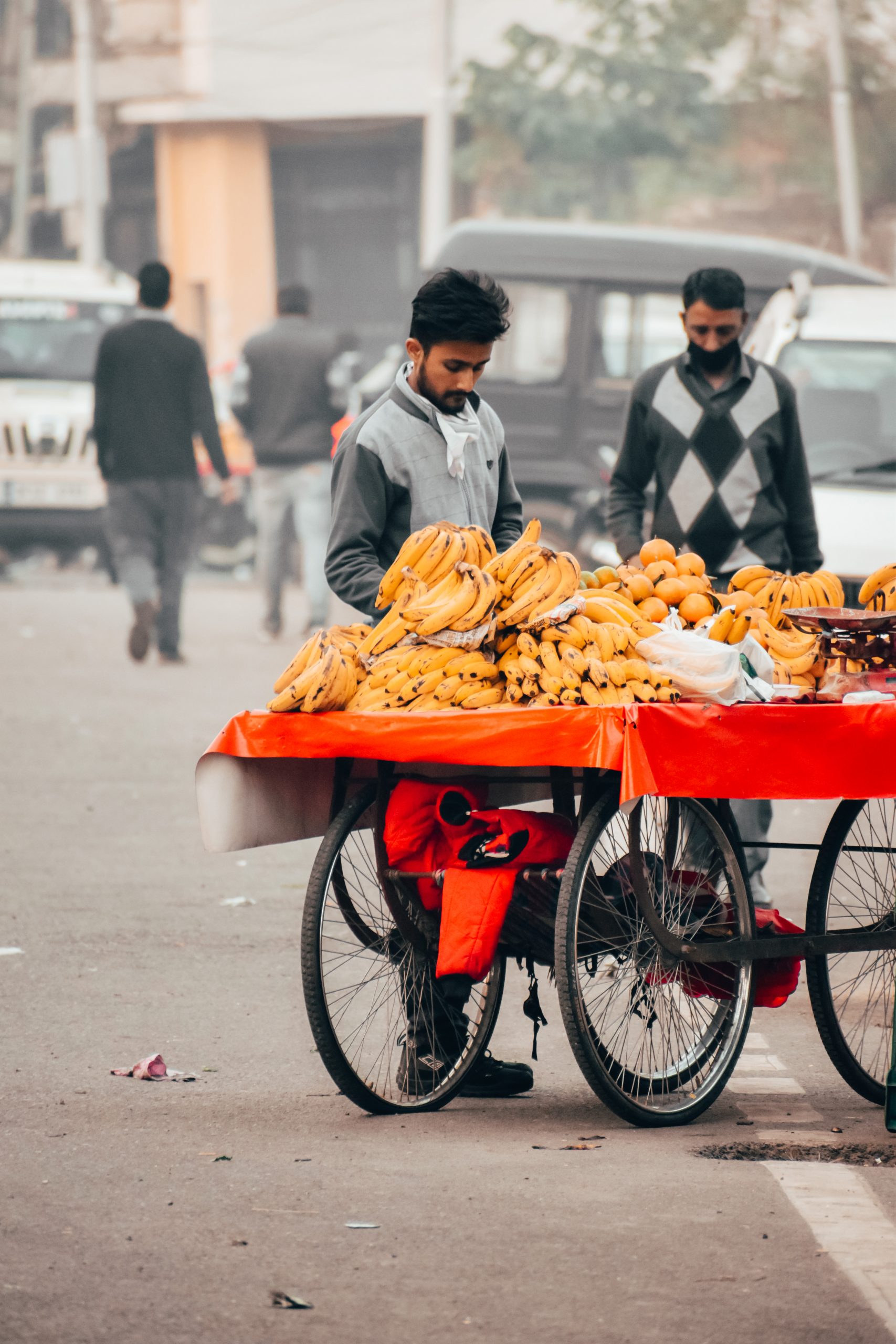A boy selling fruits on a cart