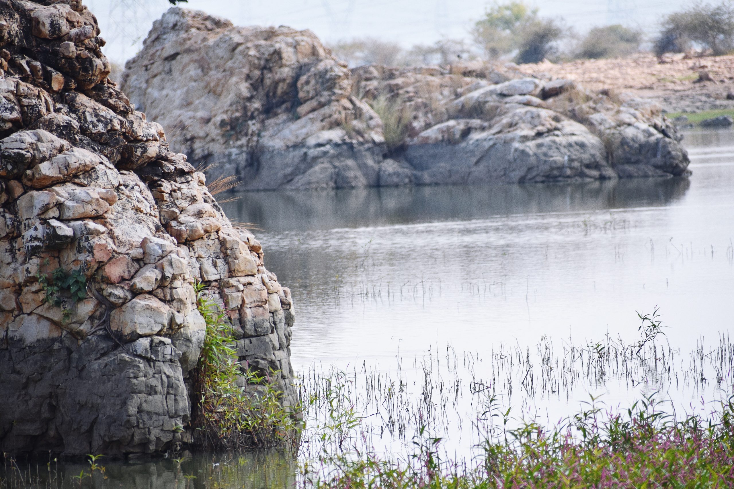 Rocky hills in a lake