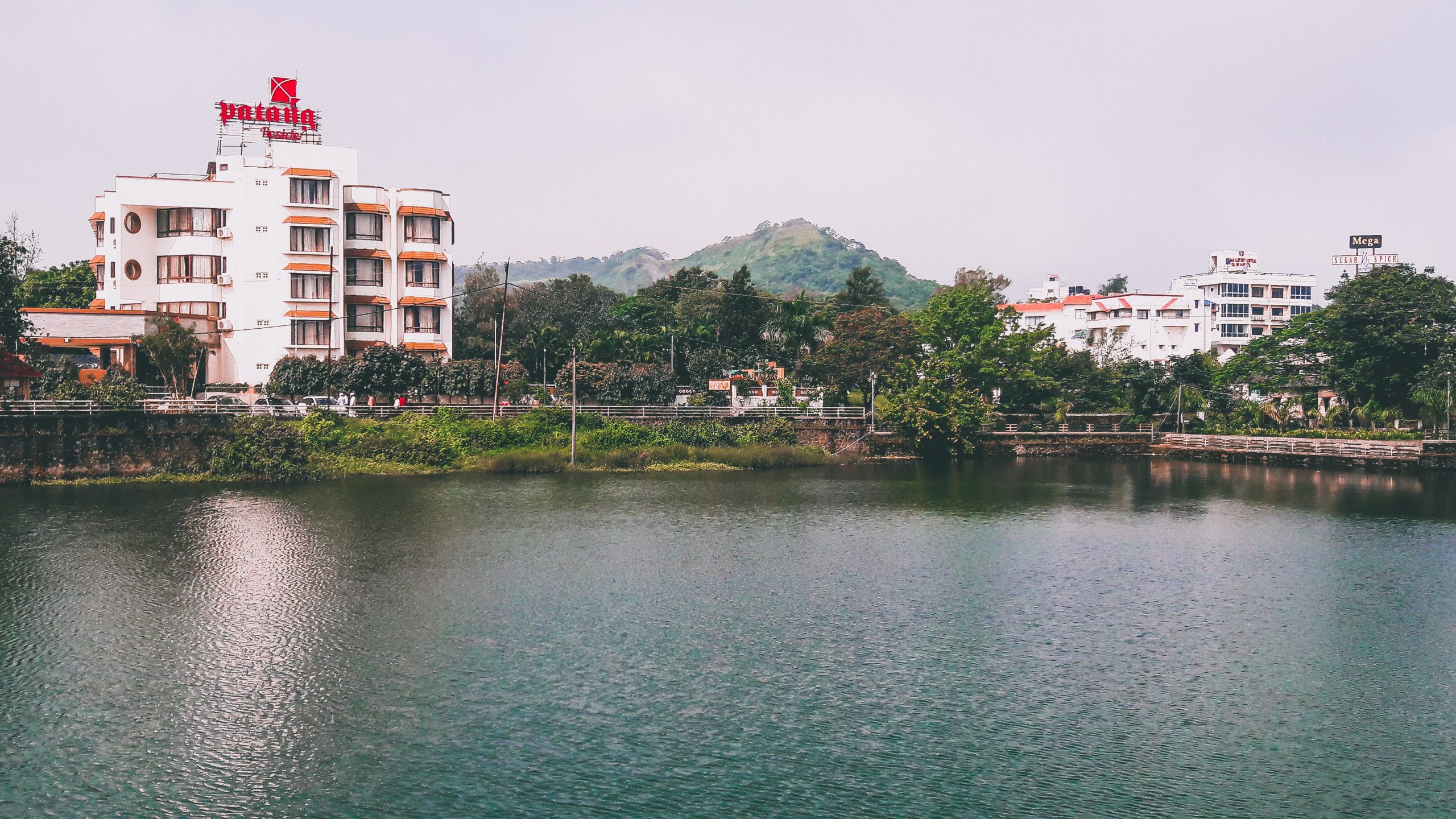 A lake and buildings