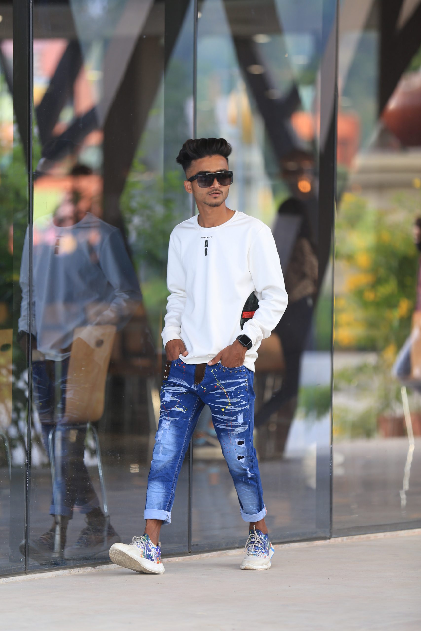 A boy walking in a market place