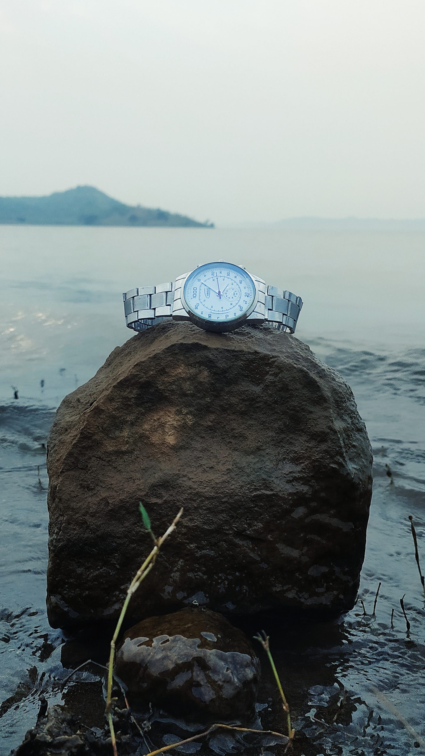 wristwatch on a rock