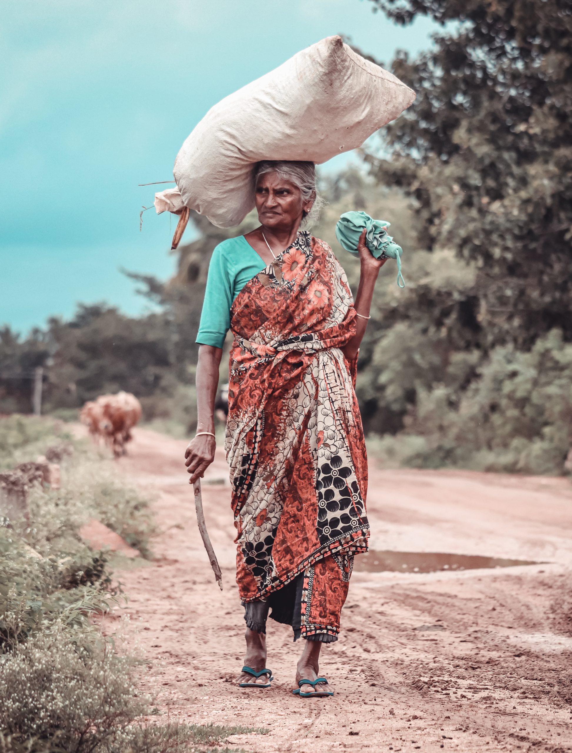 A village woman carrying a sack