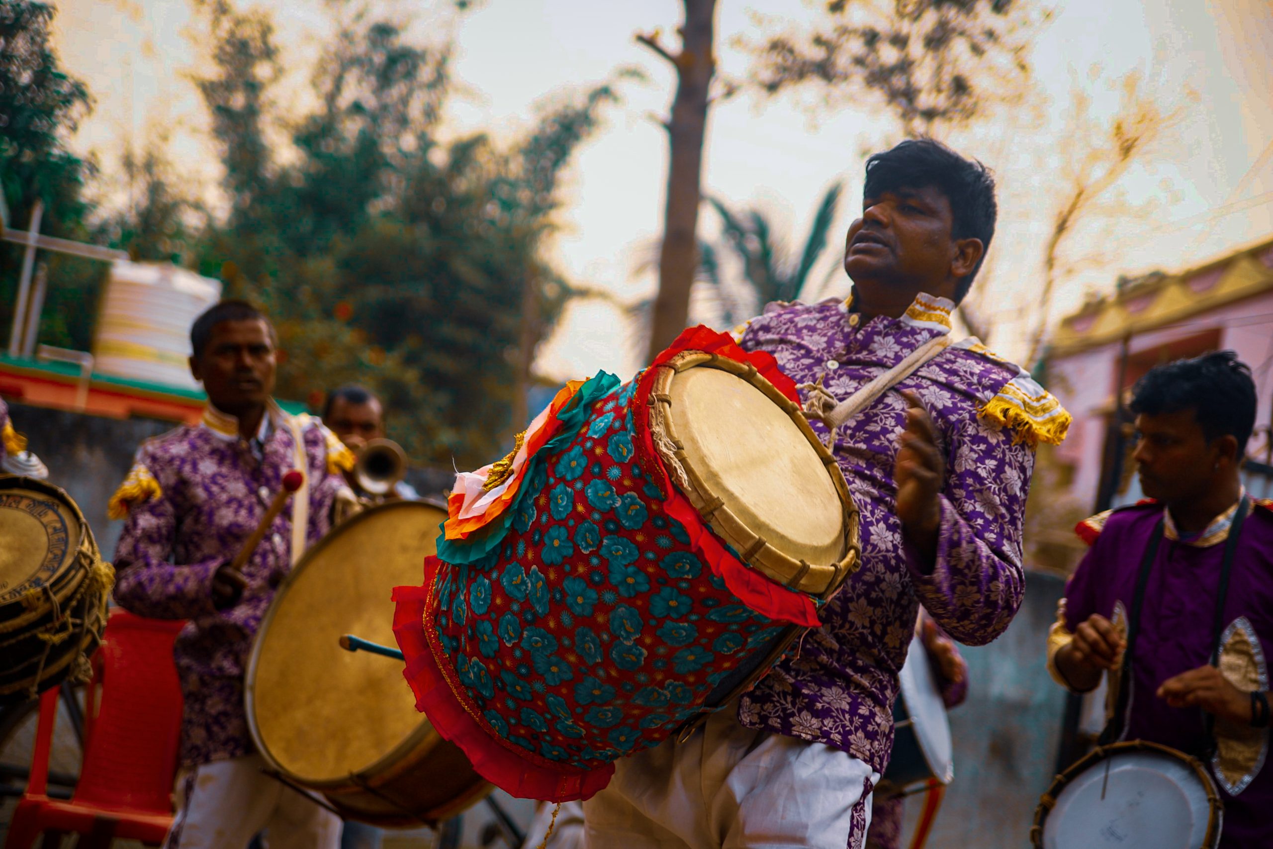 Drummer beating drums in a band parade