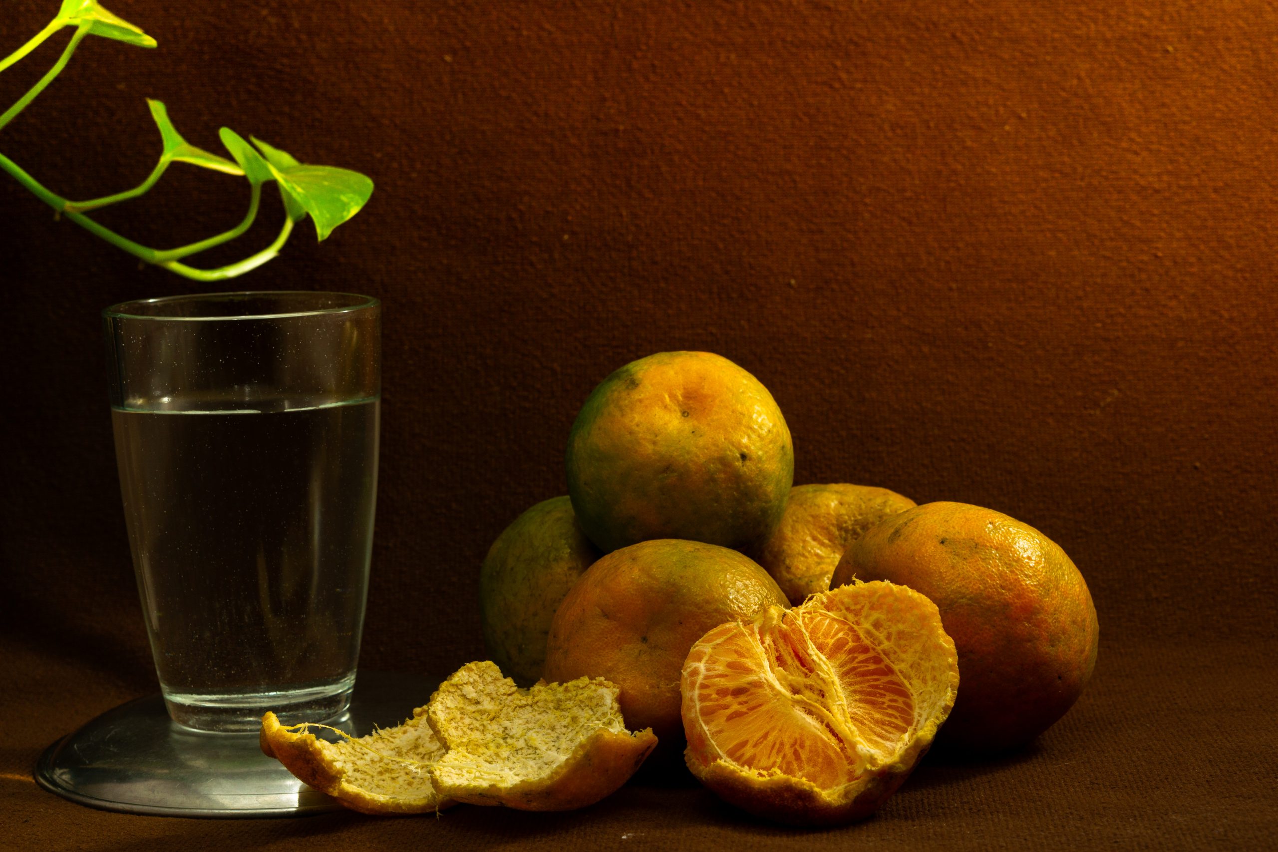 Fresh oranges and glass of water