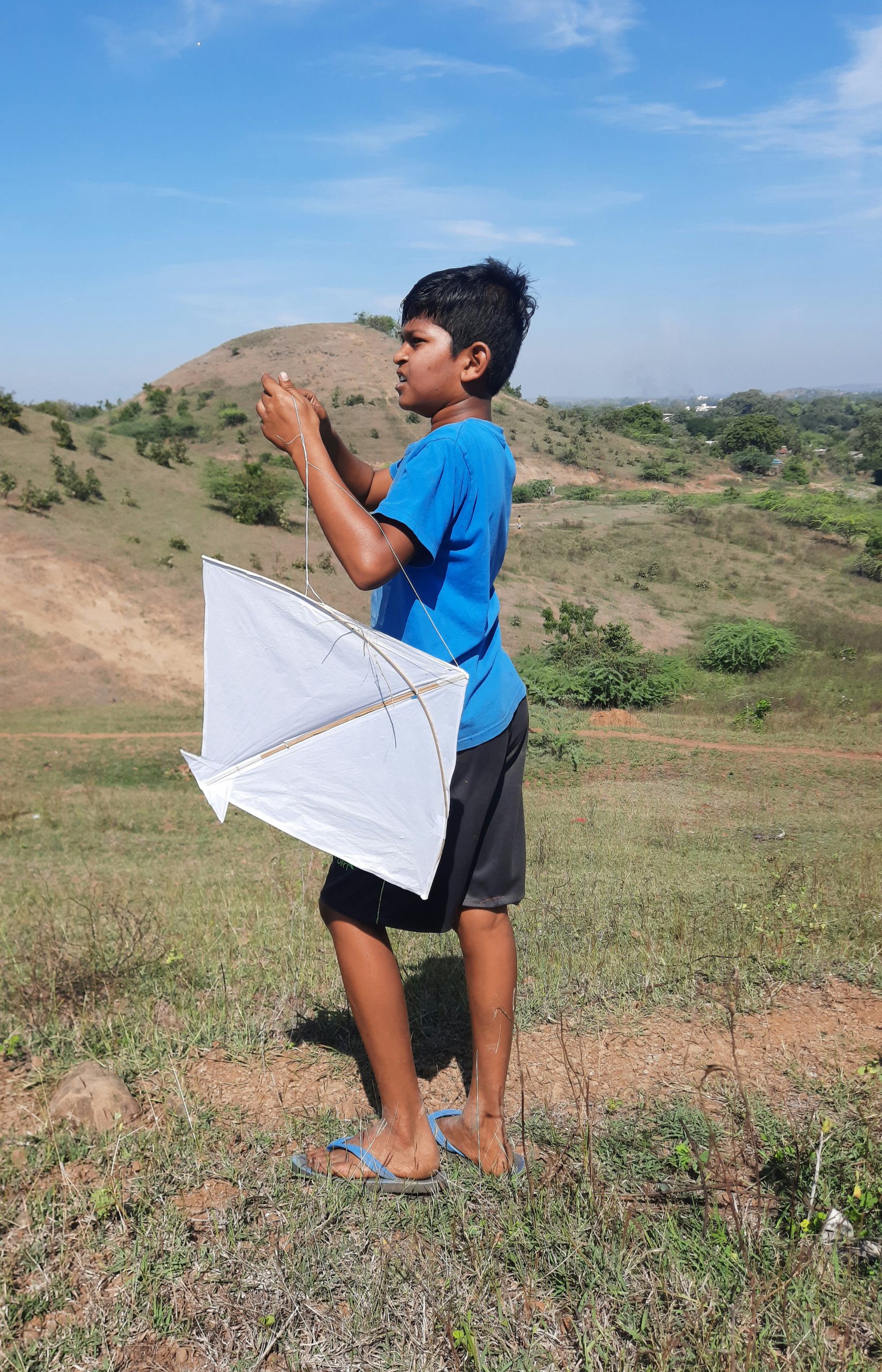 Kid holding kite in the farm