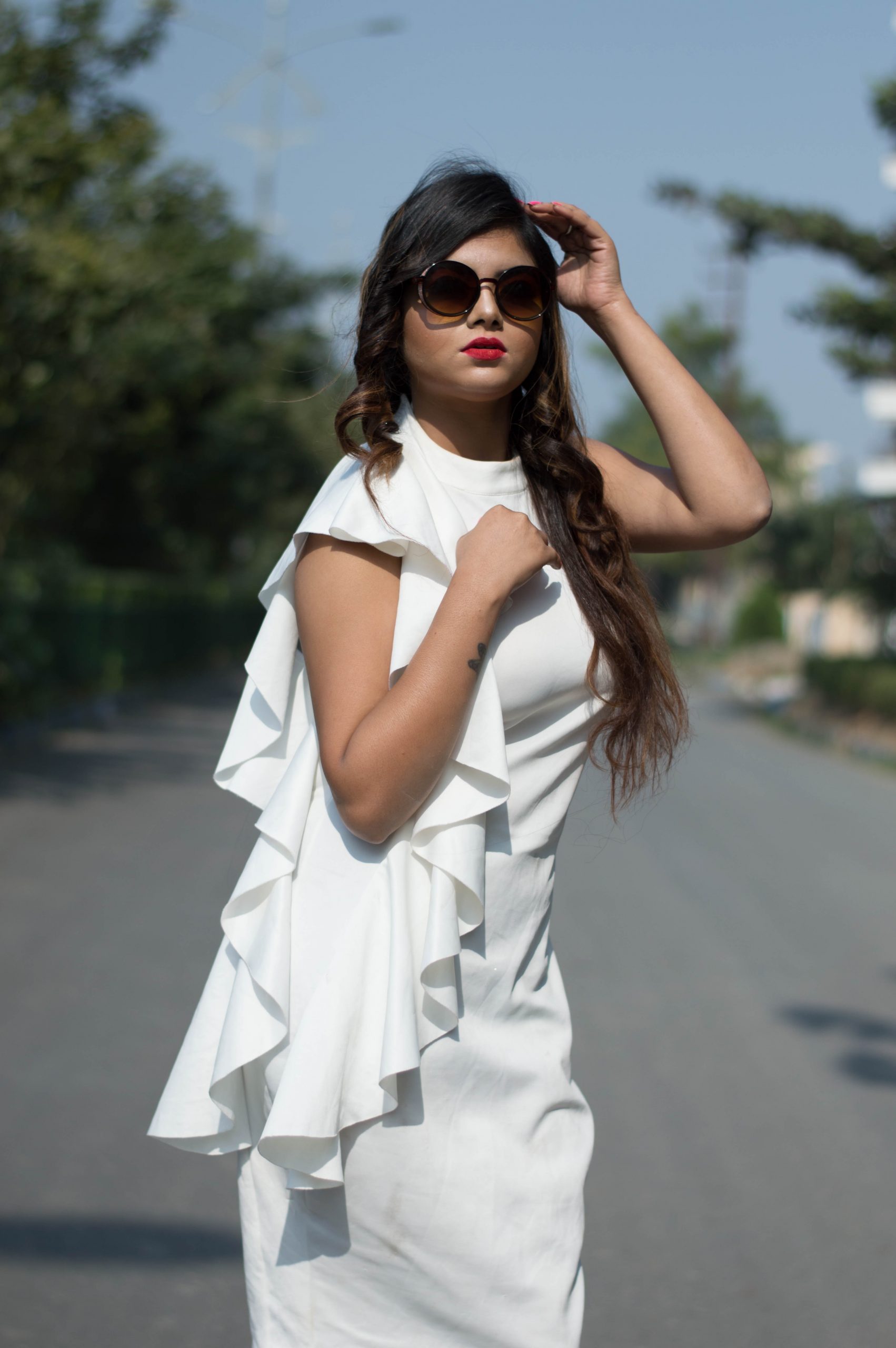 Model posing on road