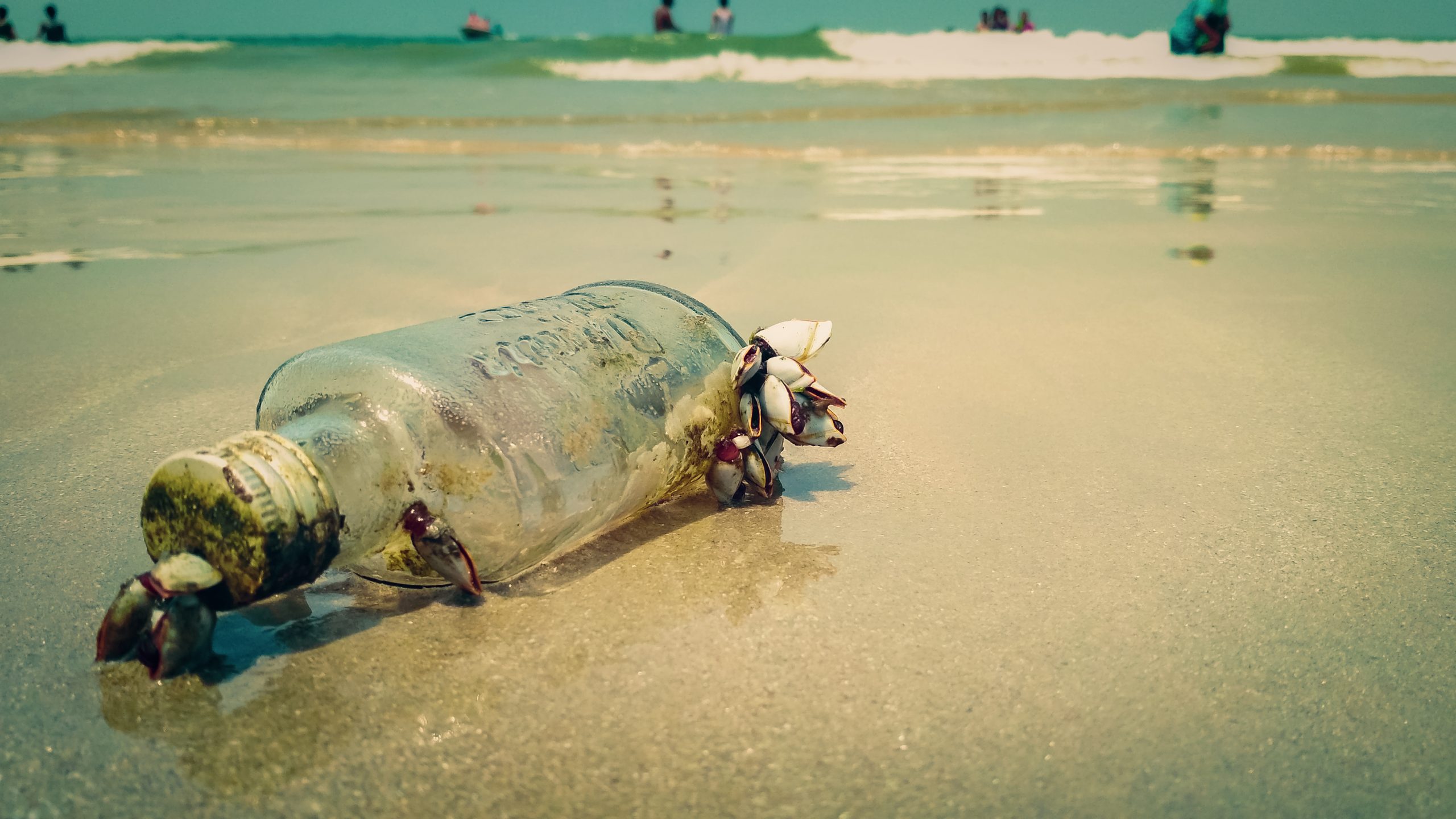 An empty glass bottle on a beach