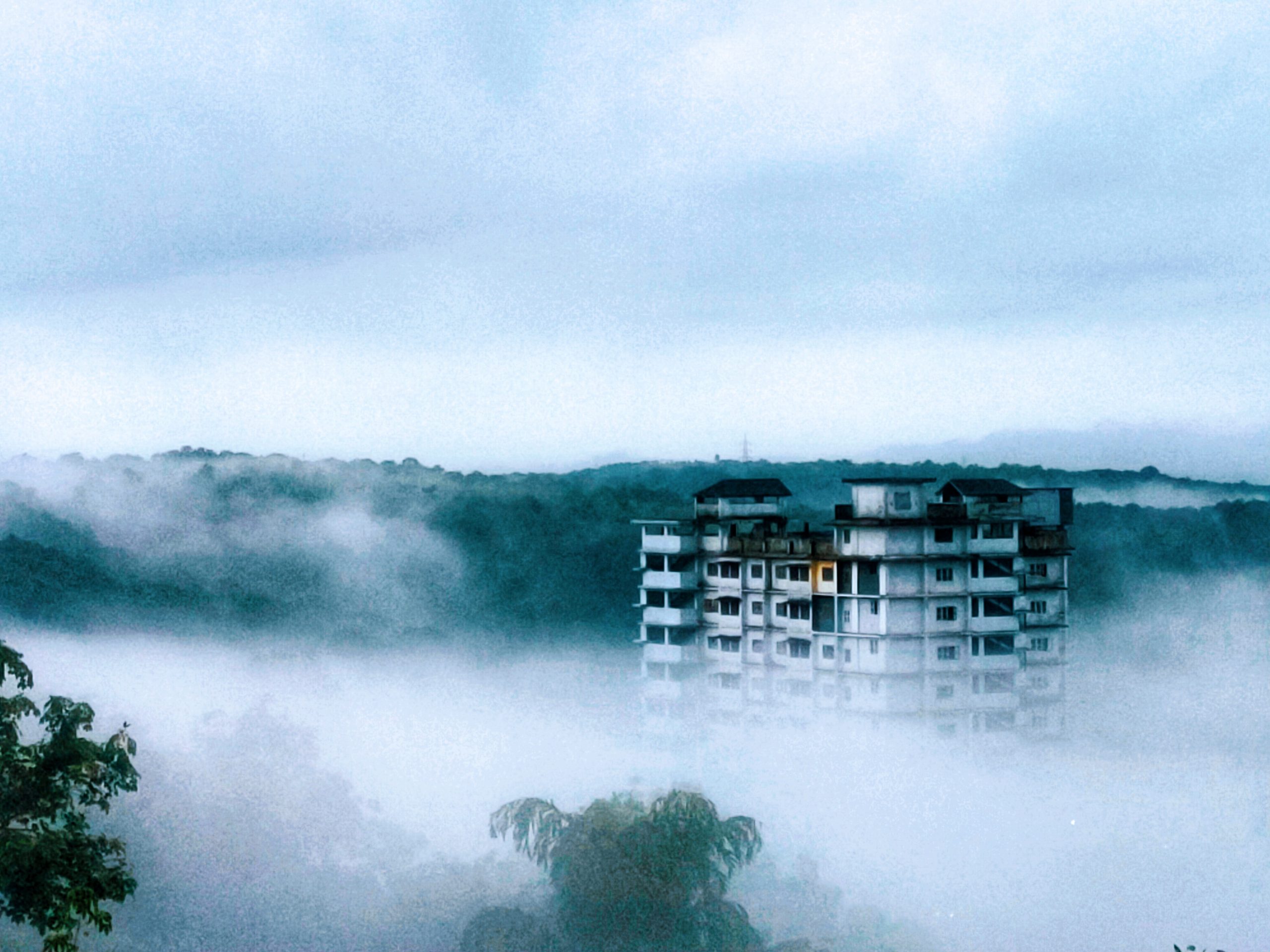 Winter fog near a building