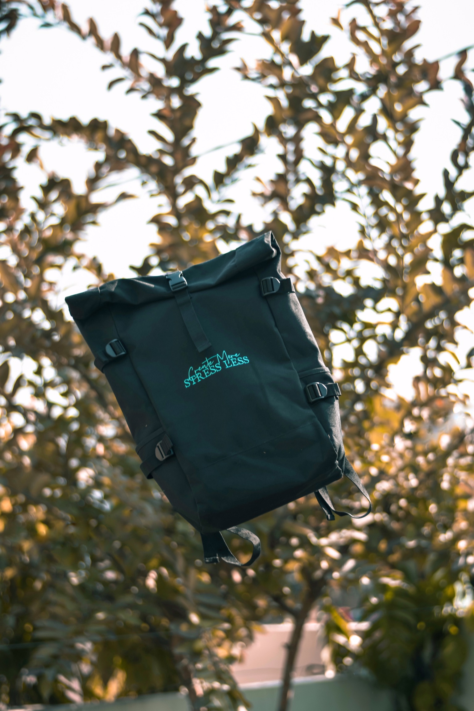 A backpack in air