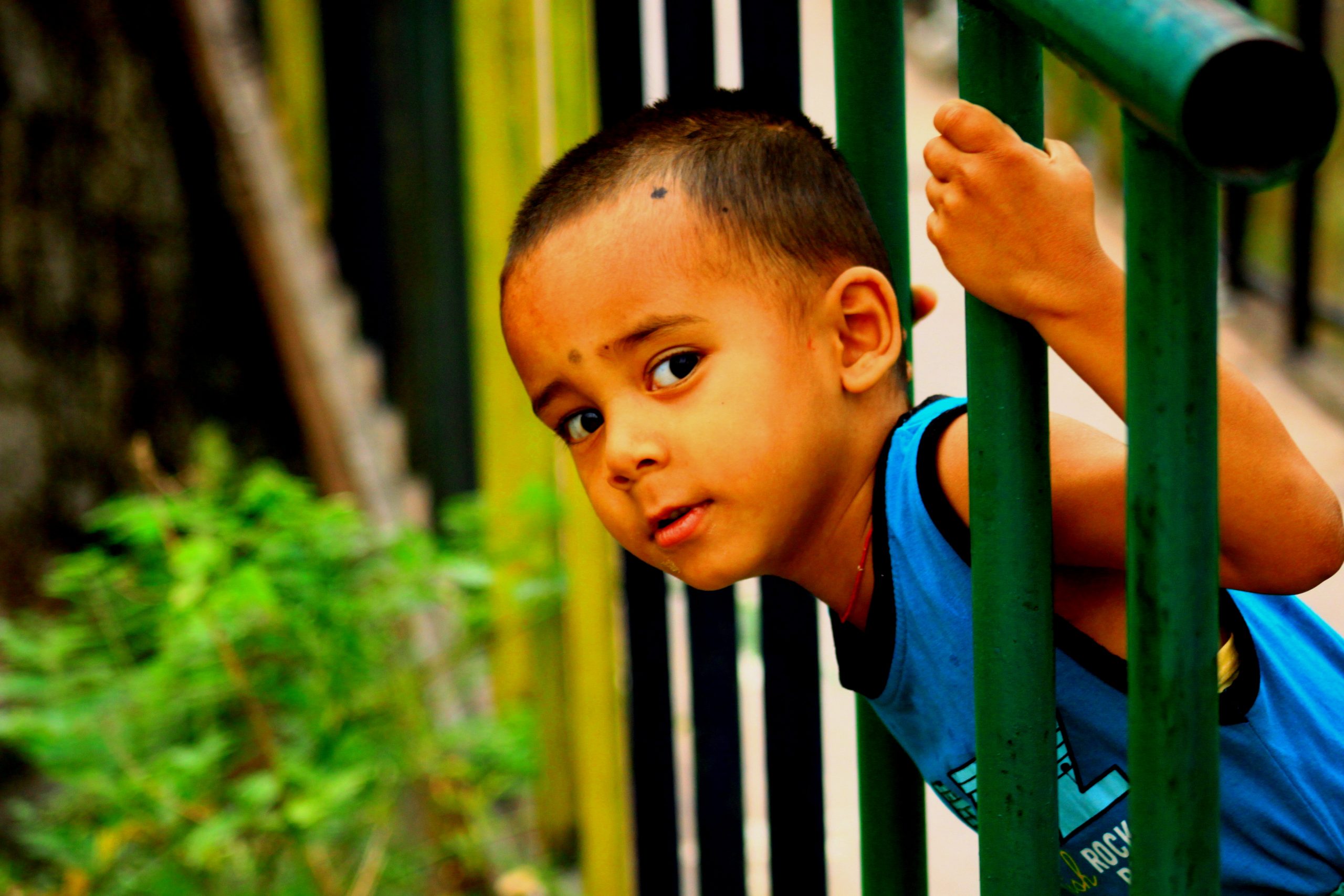 Little boy peeking through the railing
