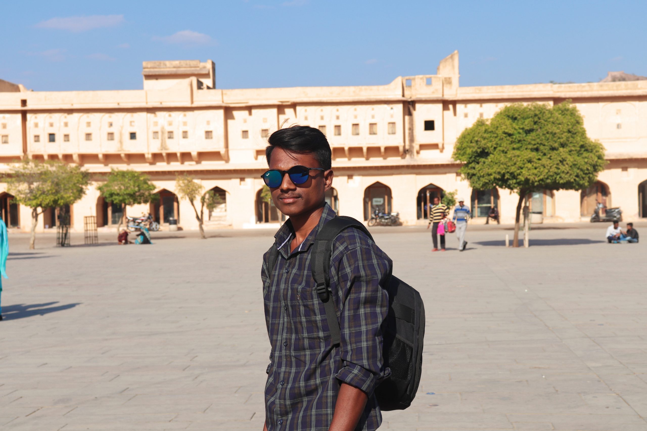 Boy posing in front of fort