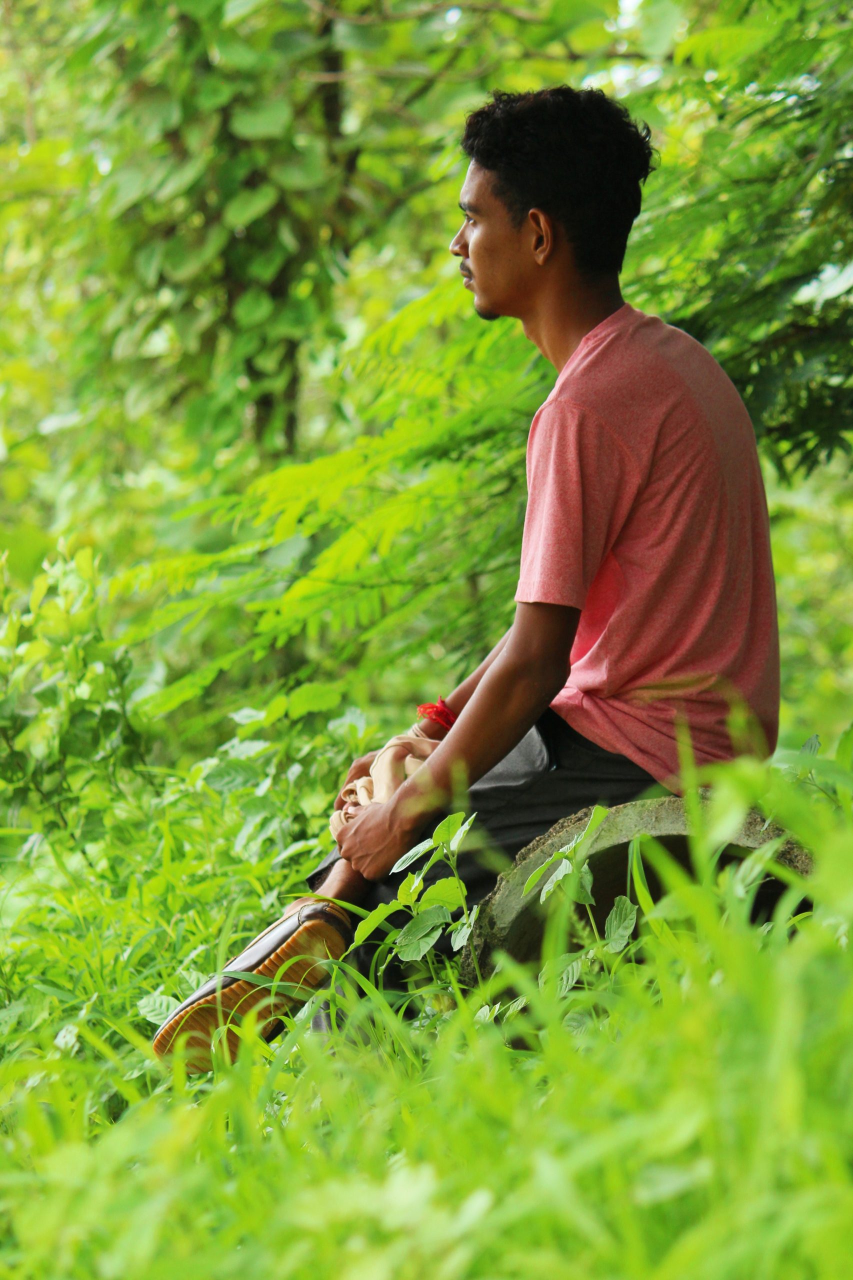 Model posing in forest