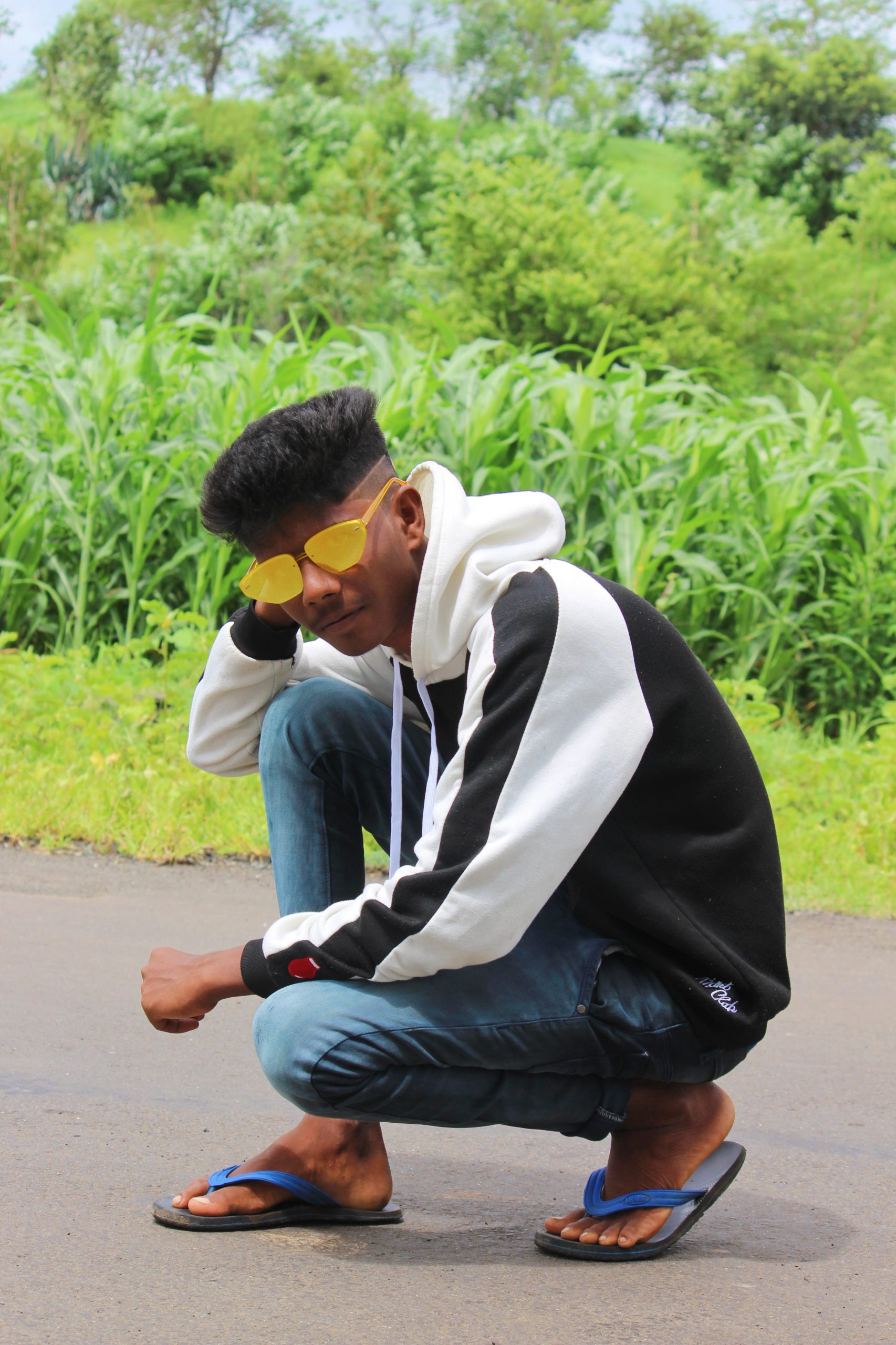 Model posing on the road