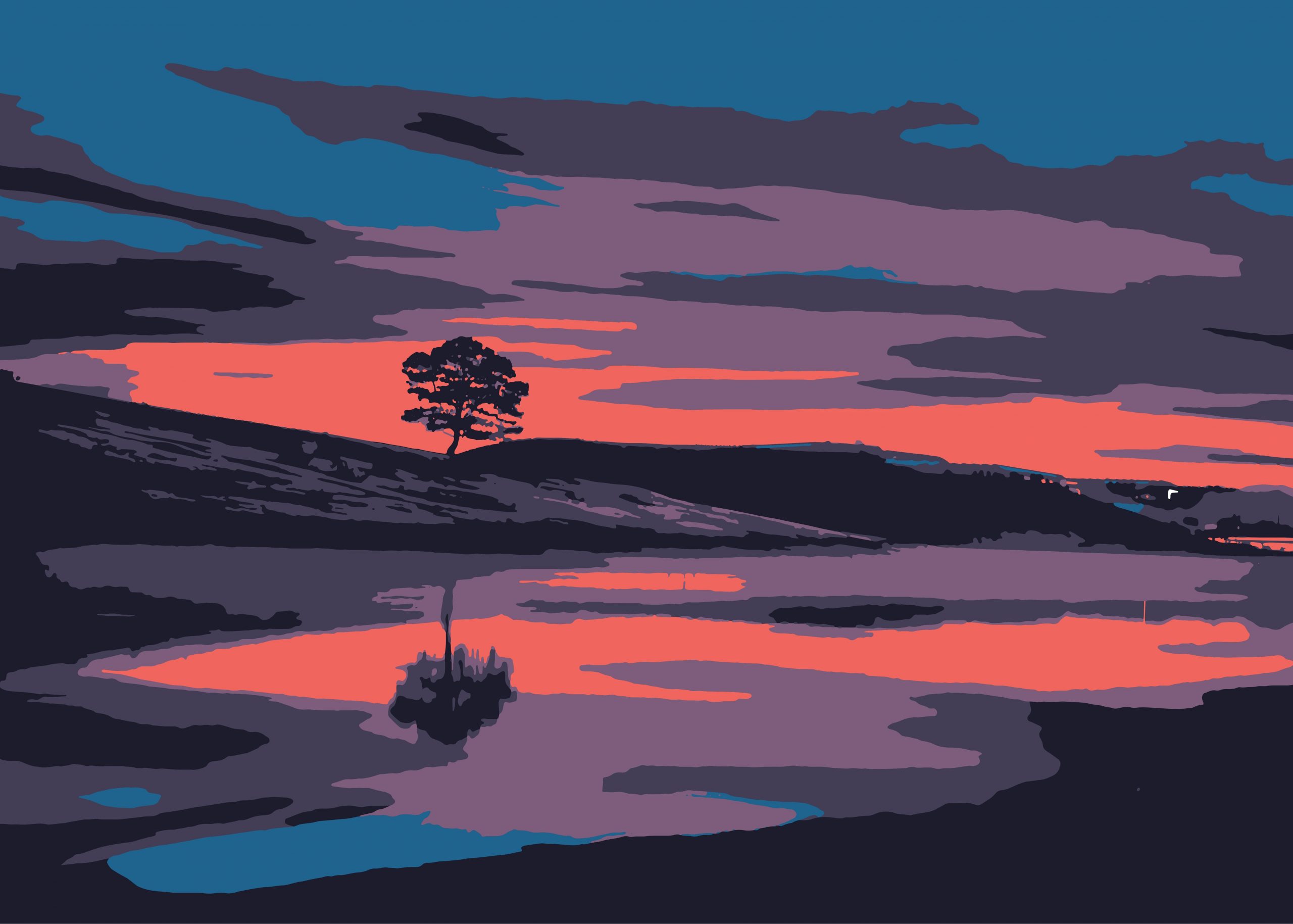 Illustration of a lake and landscape