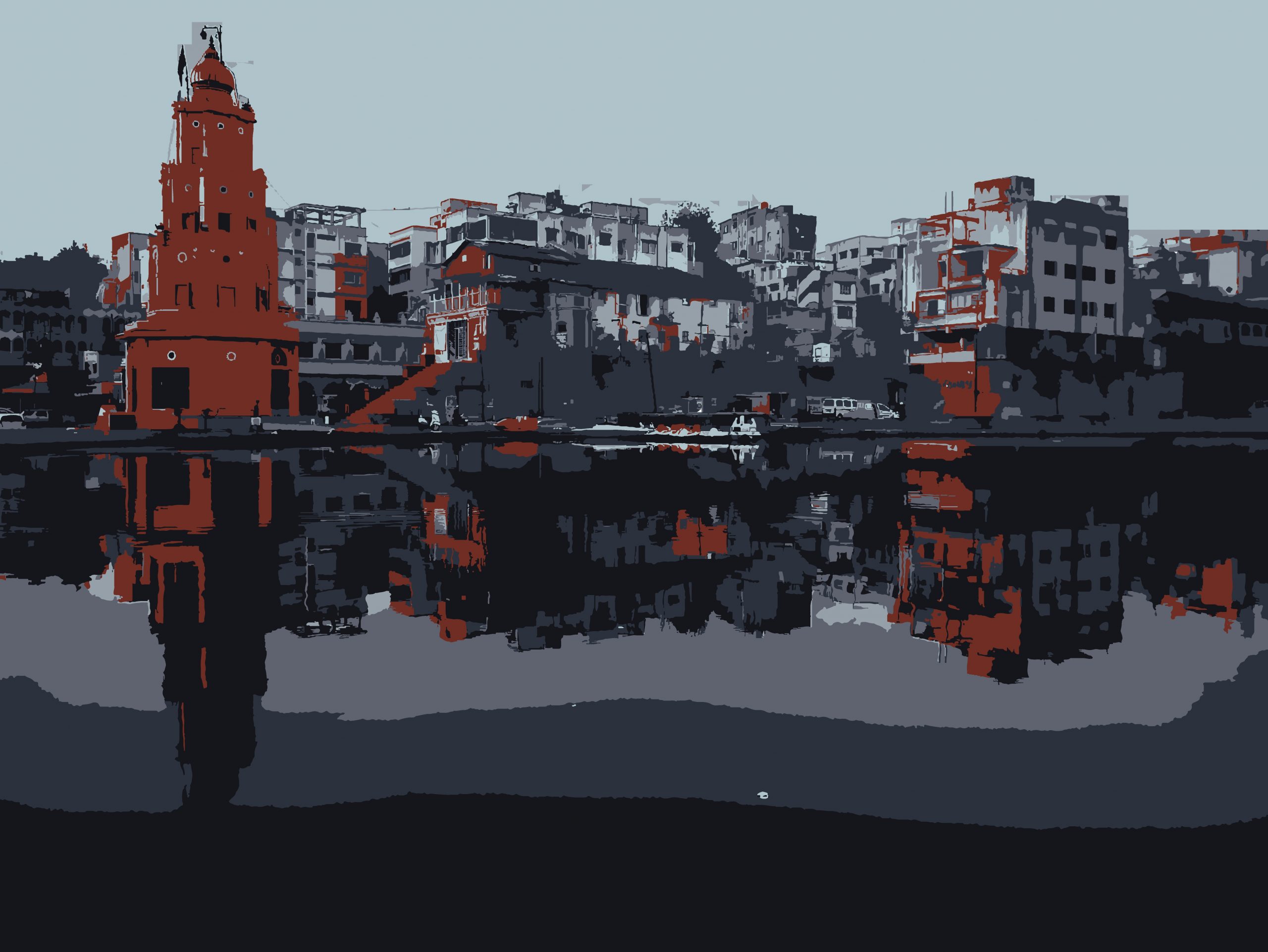 Illustration of a city near a river
