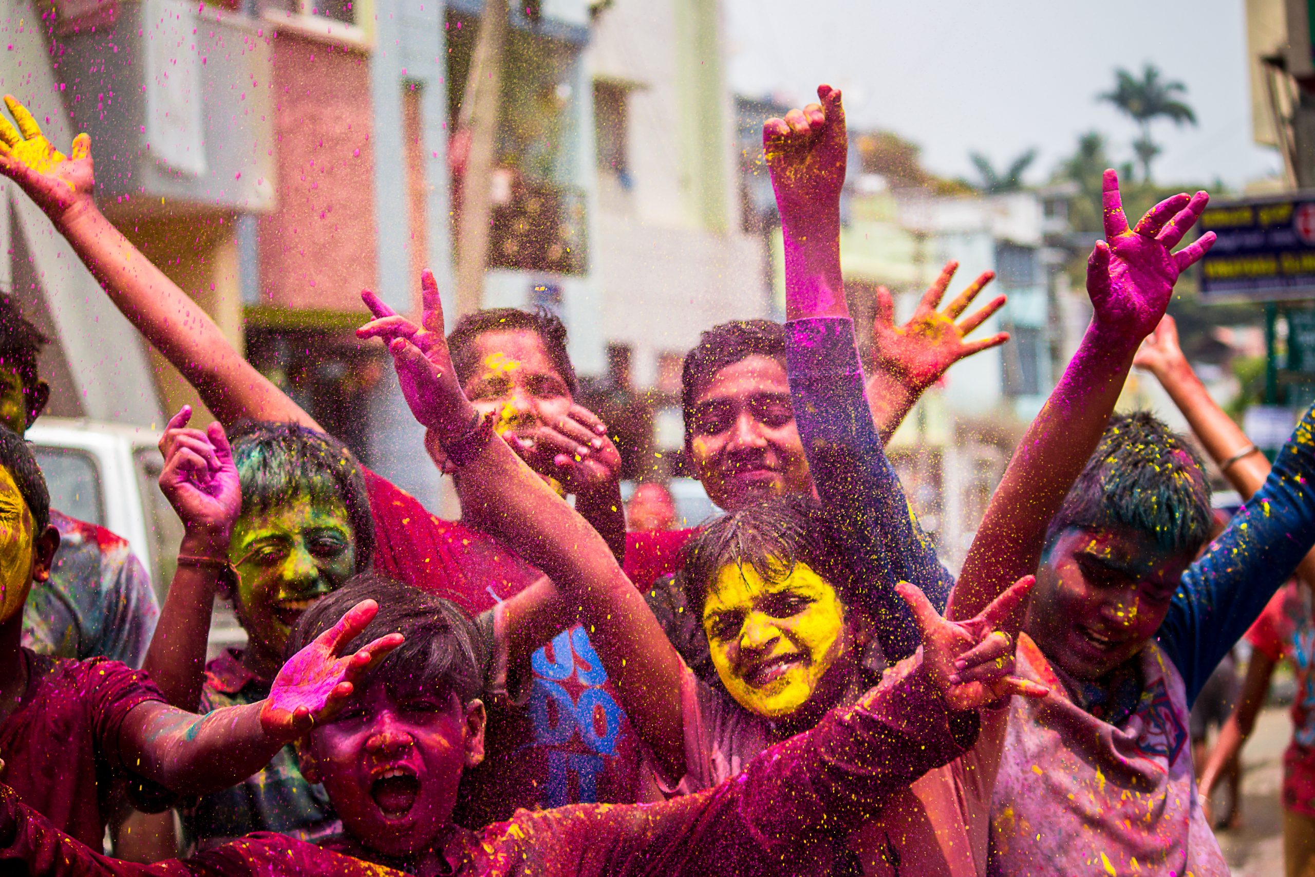 Kids in a street celebrating Holi festival