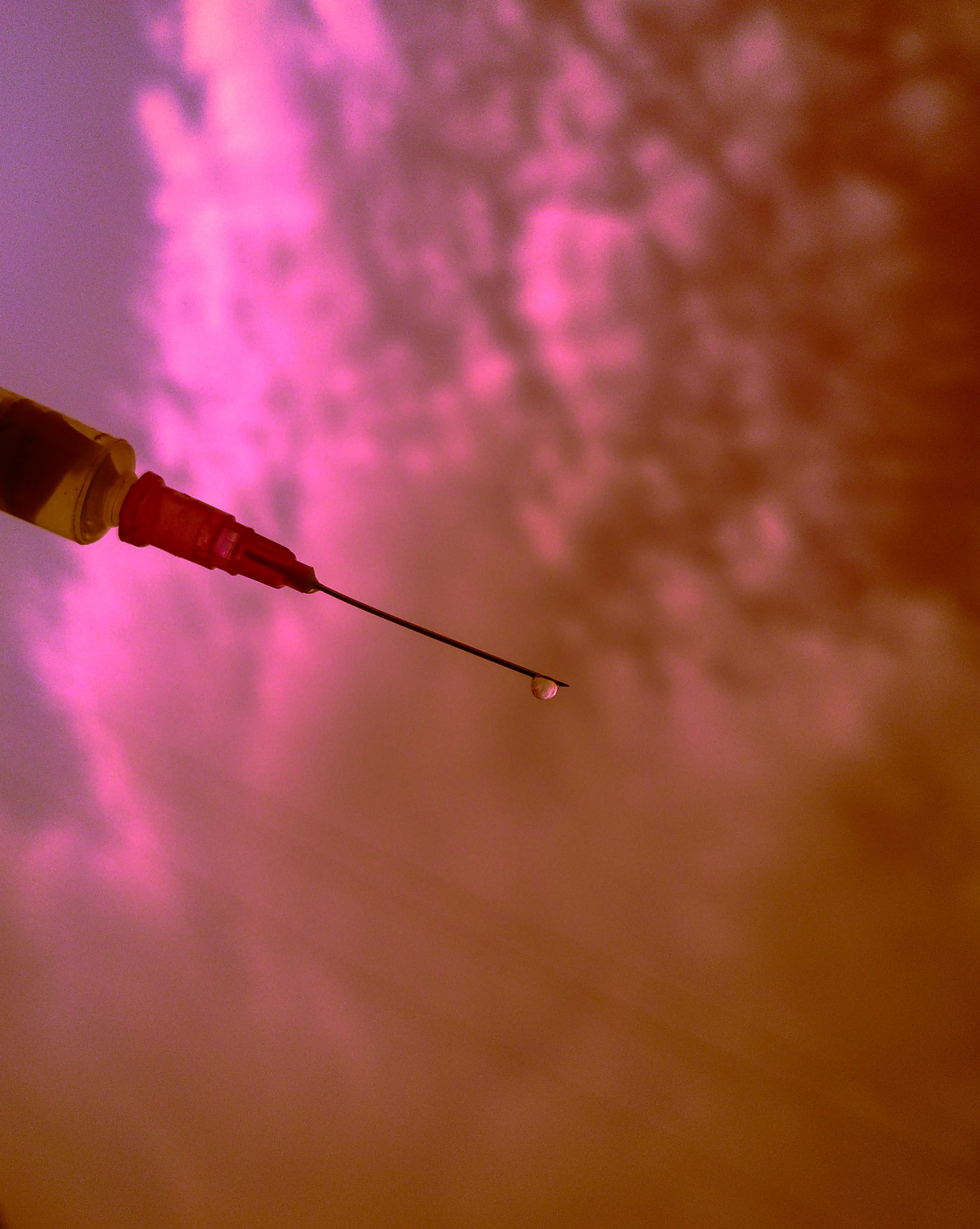 A drop on a syringe needle